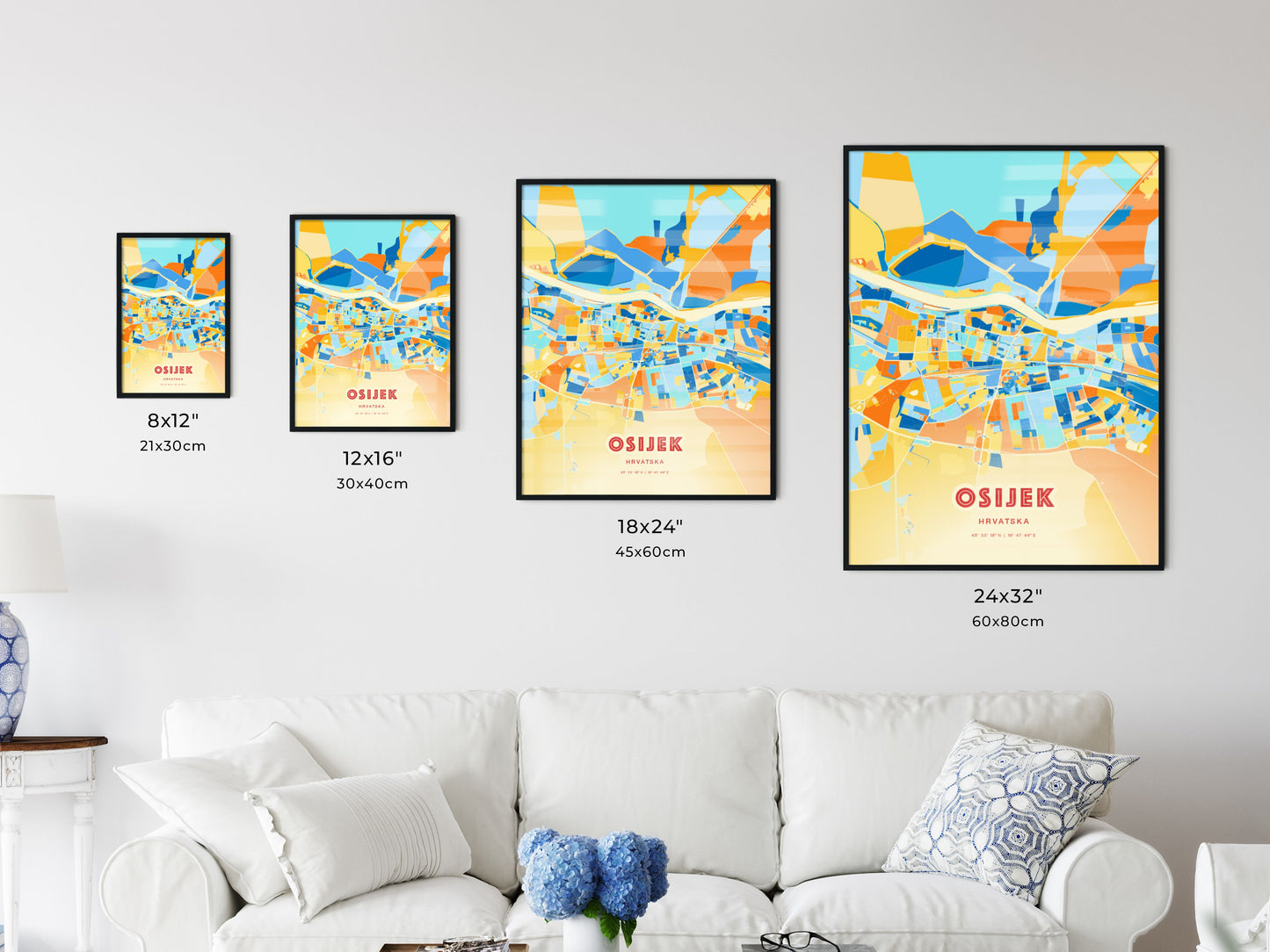 Colorful OSIJEK CROATIA Fine Art Map Blue Orange