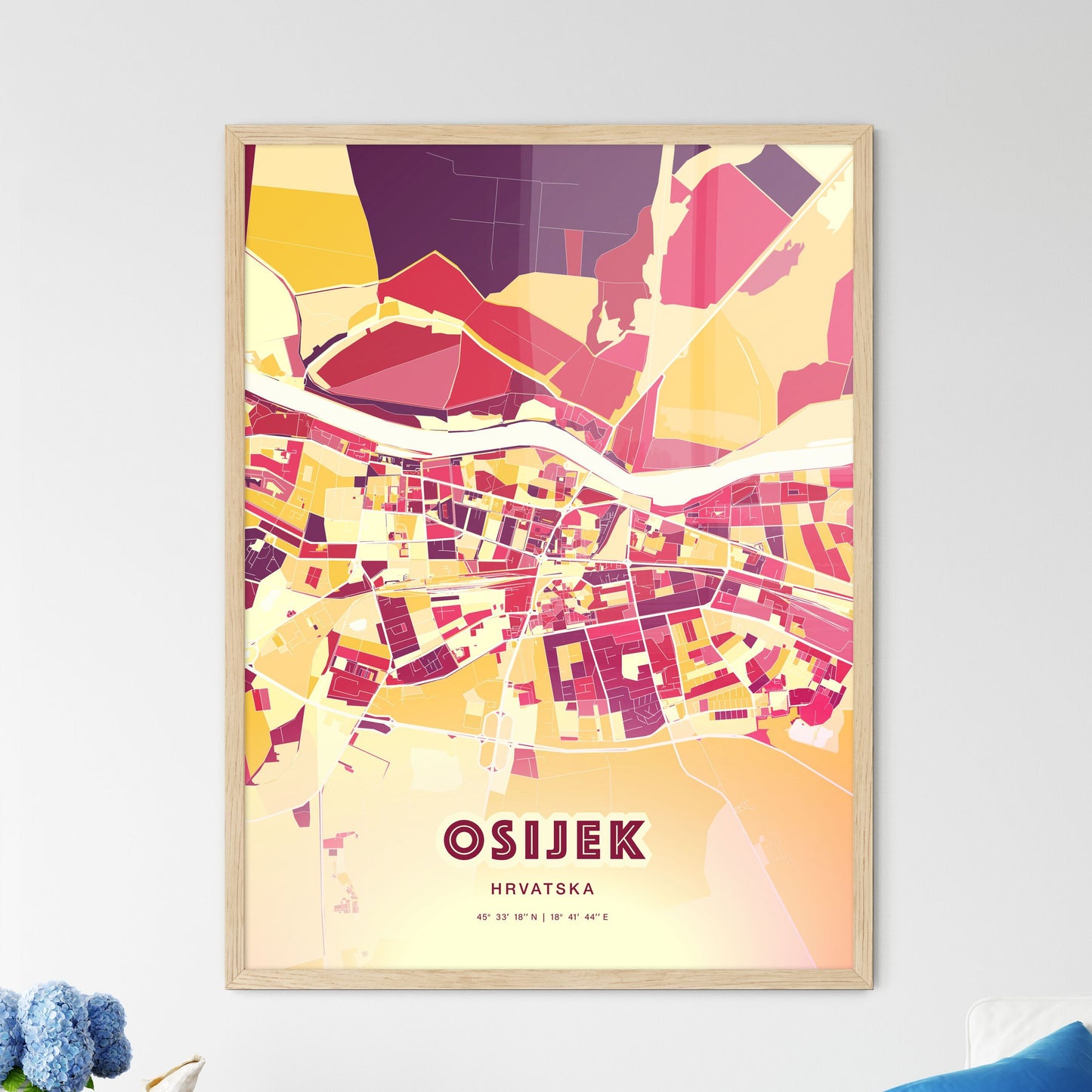 Colorful OSIJEK CROATIA Fine Art Map Hot Red