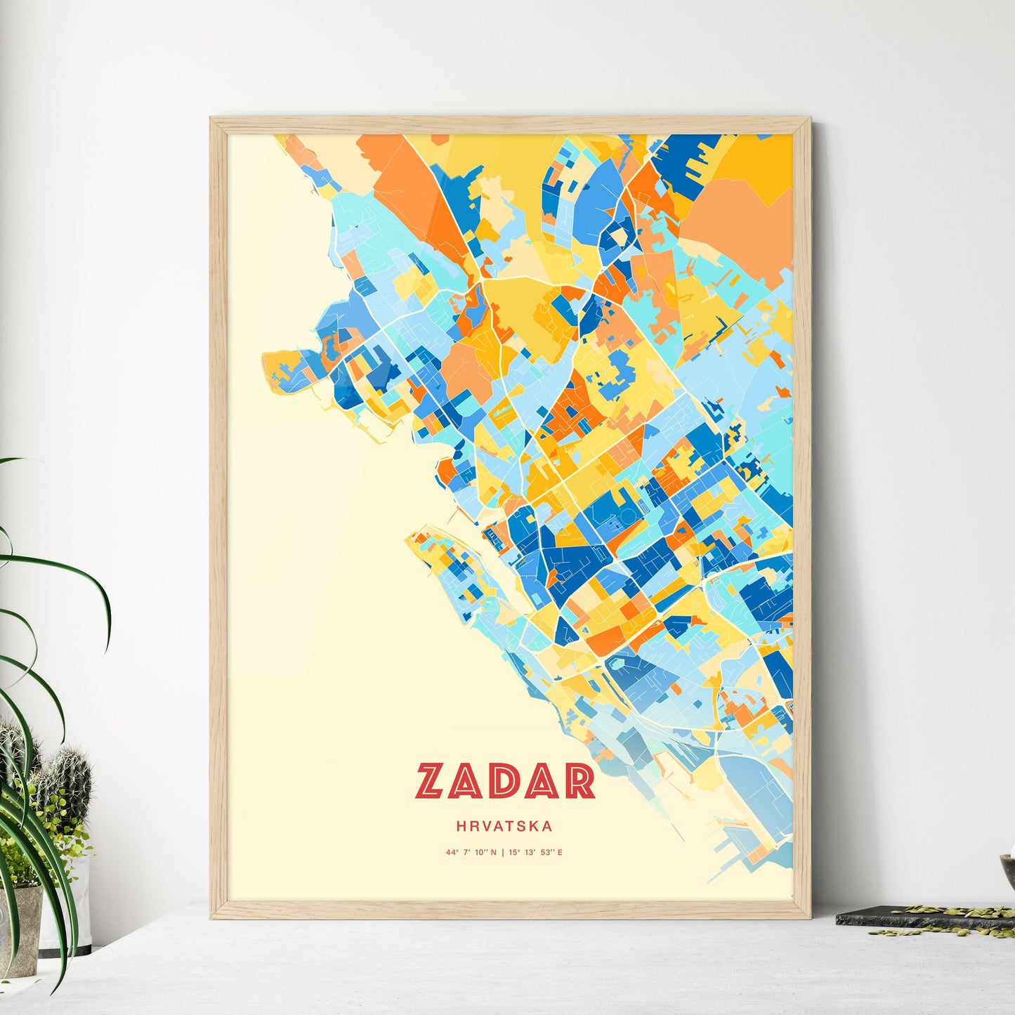 Colorful ZADAR CROATIA Fine Art Map Blue Orange