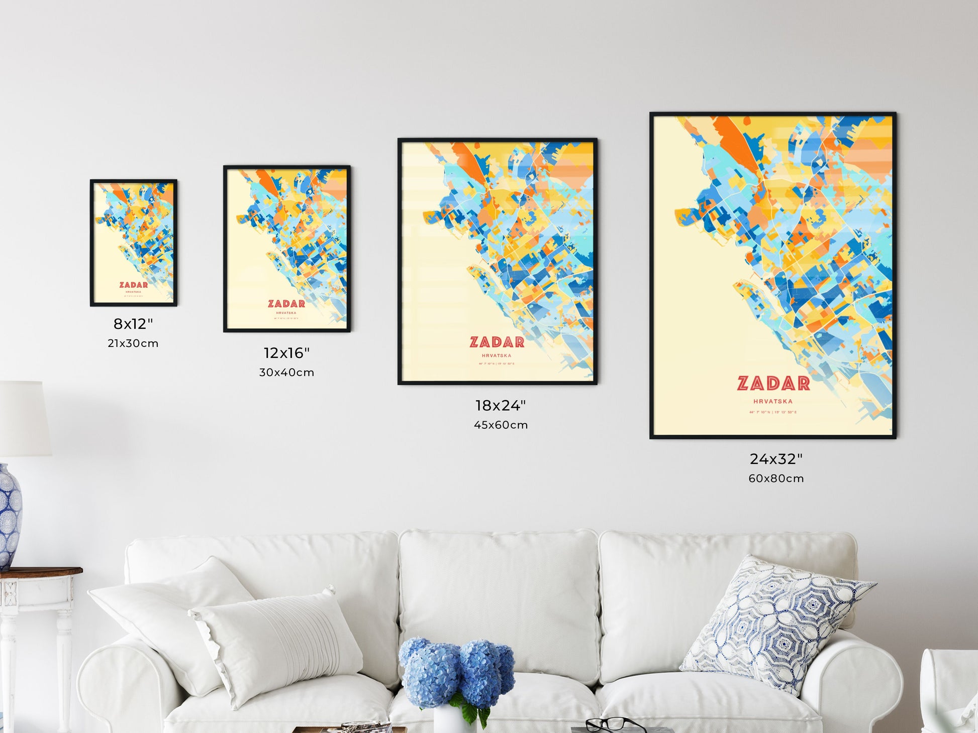 Colorful ZADAR CROATIA Fine Art Map Blue Orange