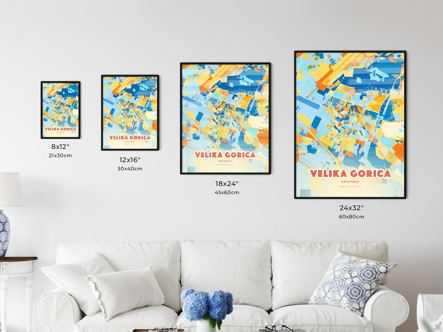 Colorful VELIKA GORICA CROATIA Fine Art Map Blue Orange