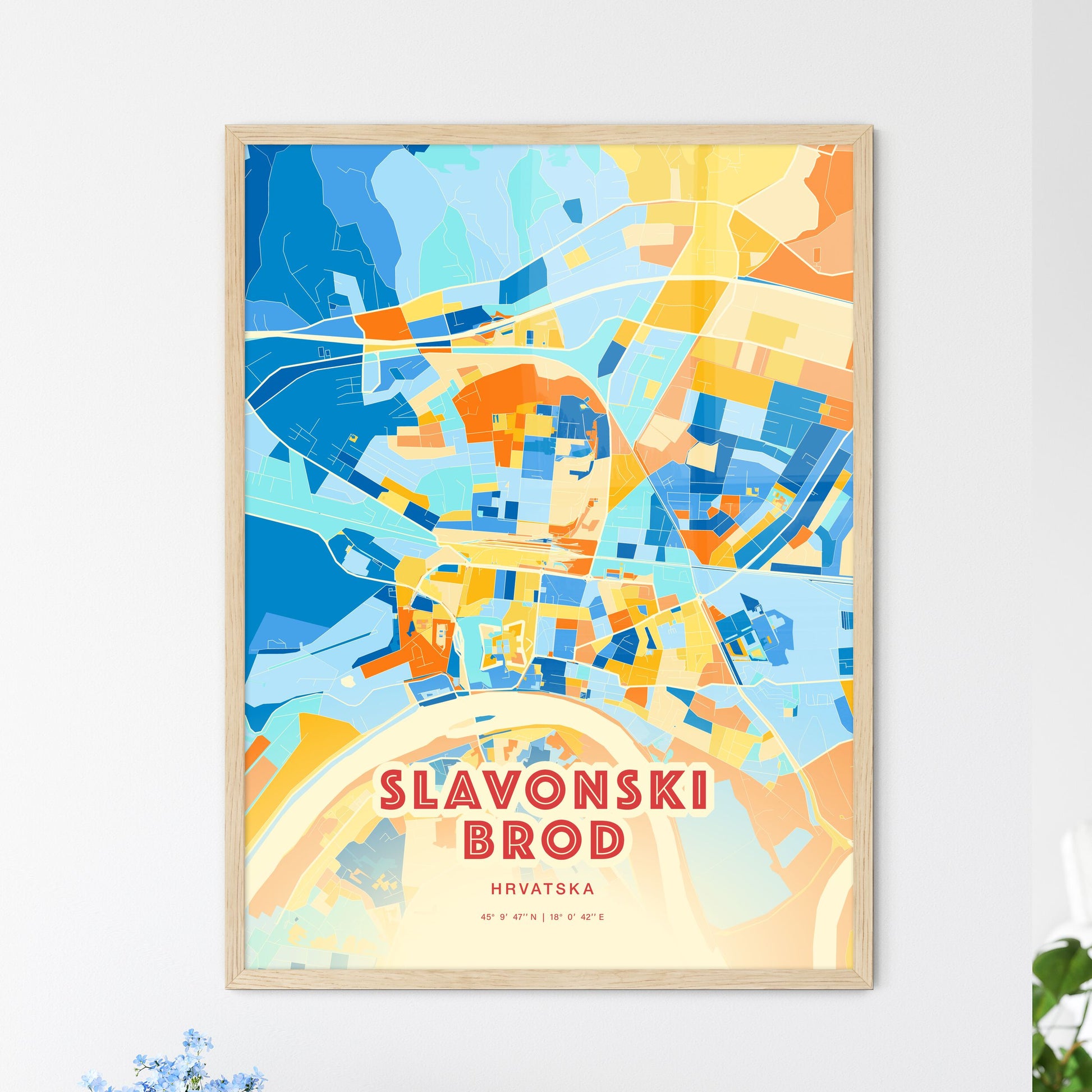 Colorful SLAVONSKI BROD CROATIA Fine Art Map Blue Orange