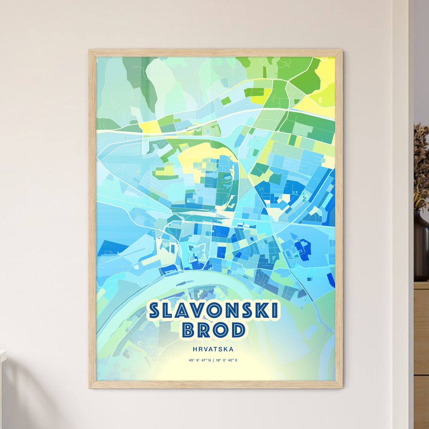 Colorful SLAVONSKI BROD CROATIA Fine Art Map Cool Blue