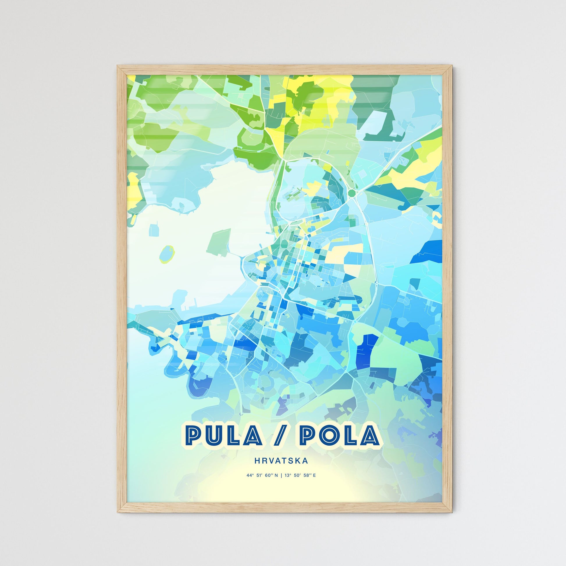 Colorful PULA/POLA CROATIA Fine Art Map Cool Blue