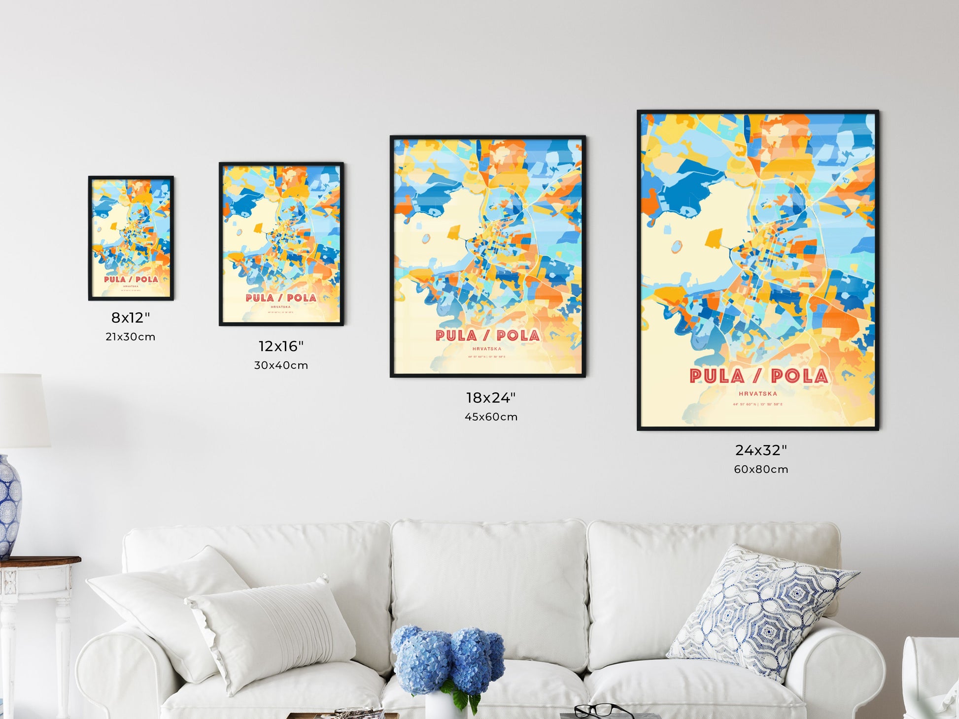 Colorful PULA/POLA CROATIA Fine Art Map Blue Orange