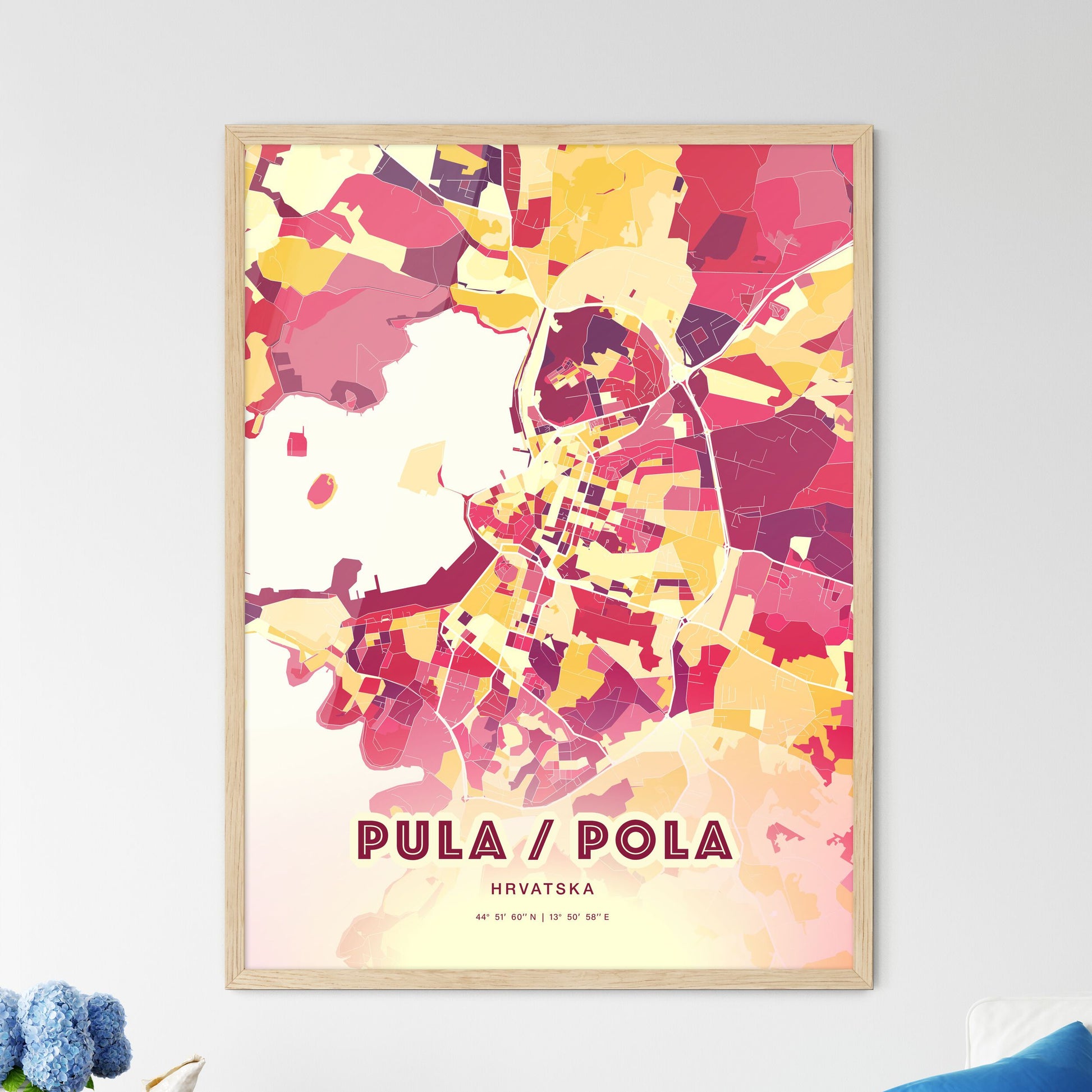 Colorful PULA/POLA CROATIA Fine Art Map Hot Red