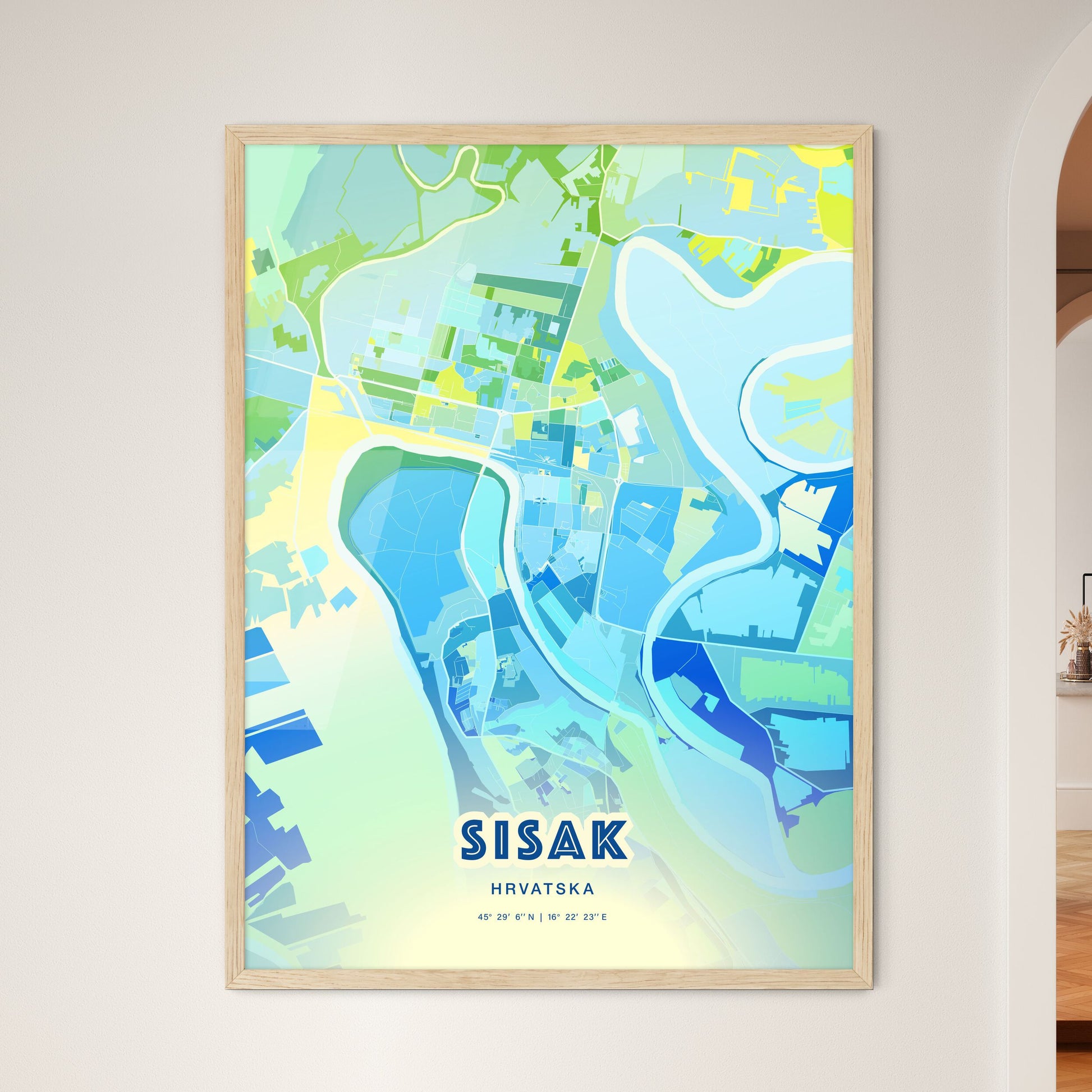 Colorful SISAK CROATIA Fine Art Map Cool Blue