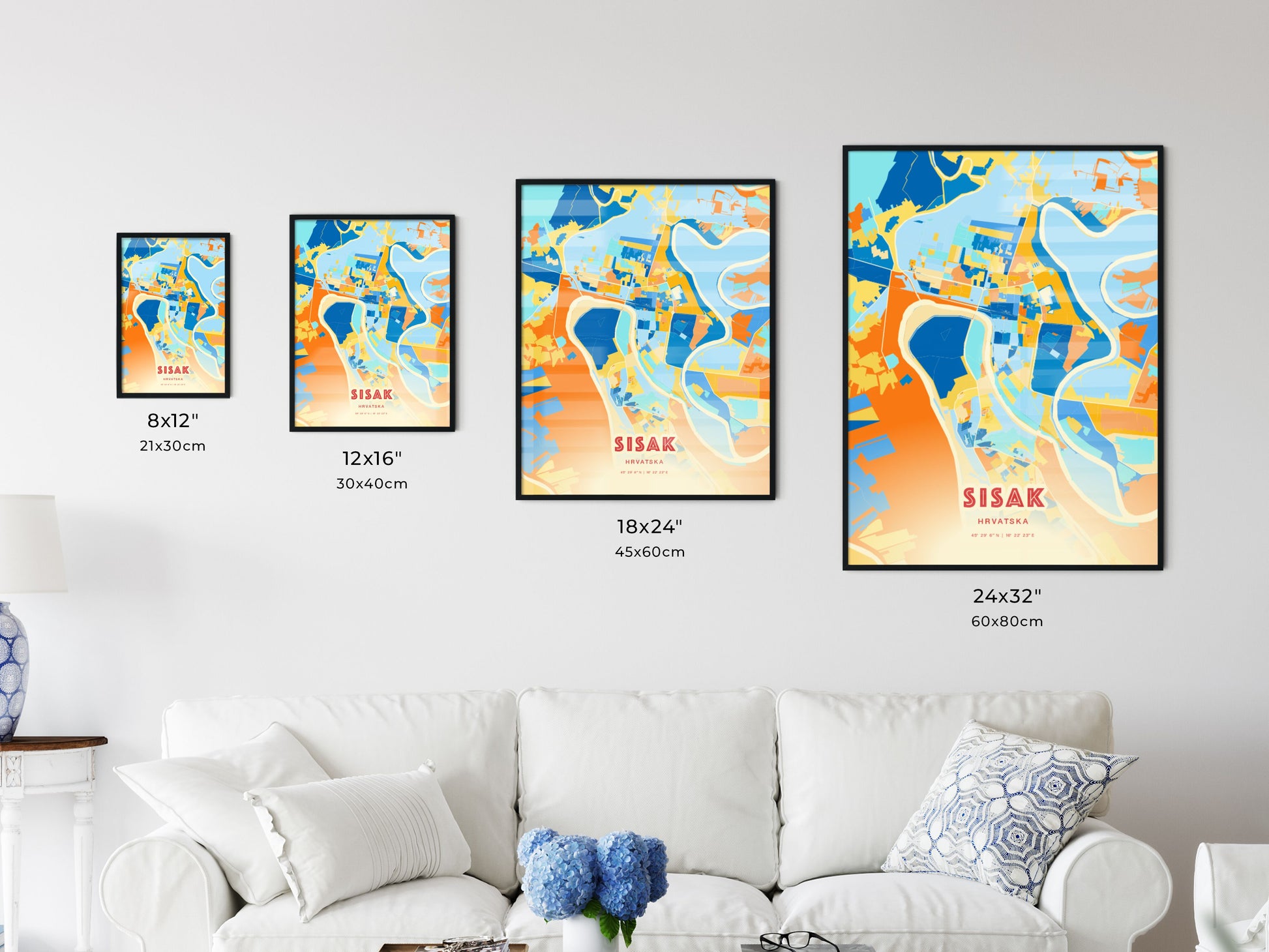 Colorful SISAK CROATIA Fine Art Map Blue Orange