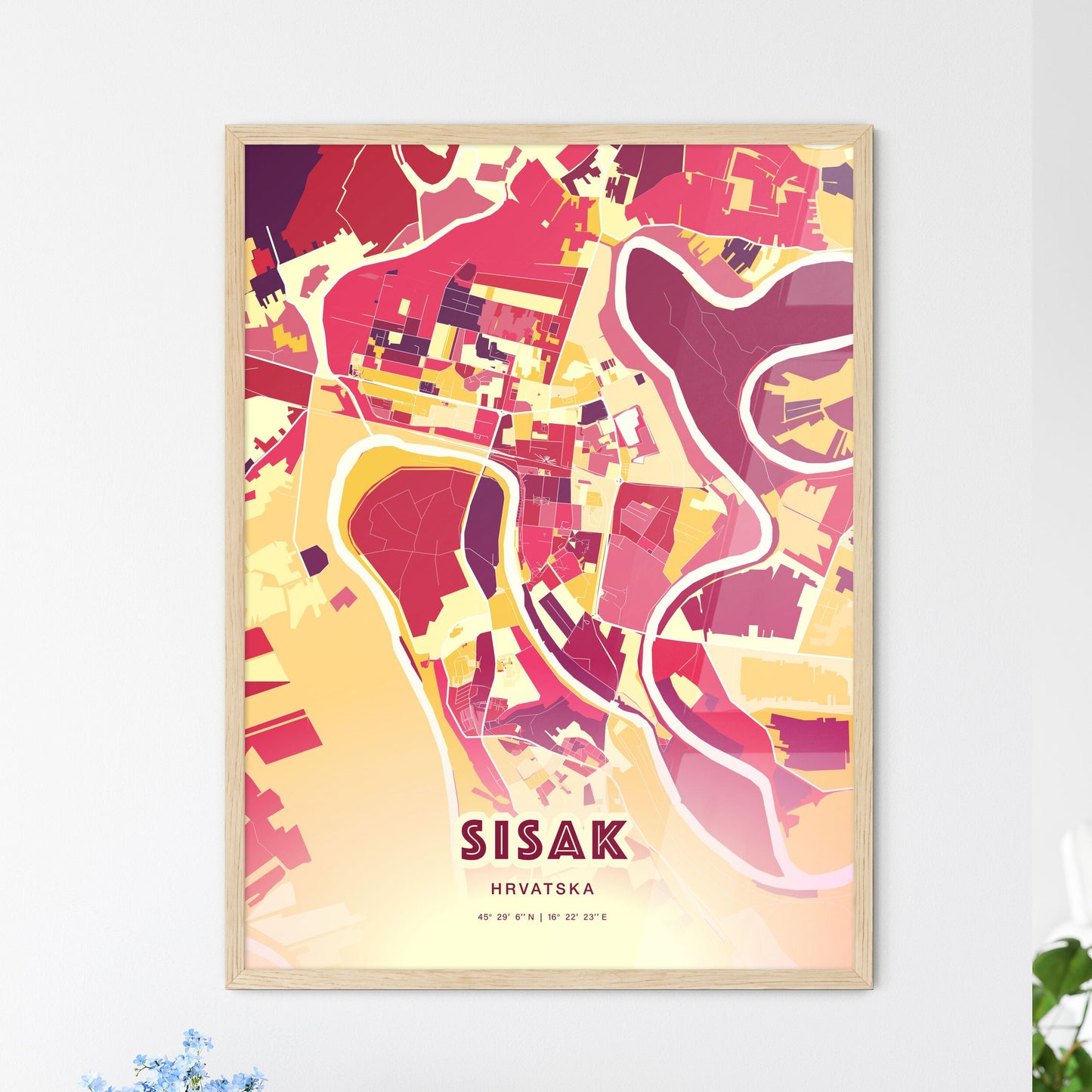 Colorful SISAK CROATIA Fine Art Map Hot Red