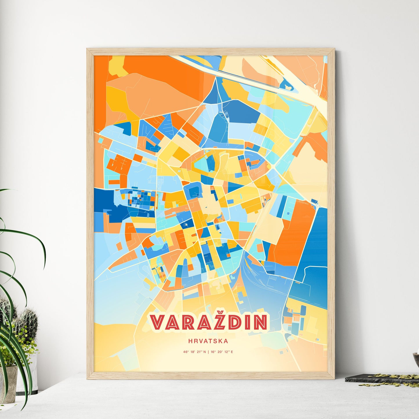 Colorful VARAŽDIN CROATIA Fine Art Map Blue Orange