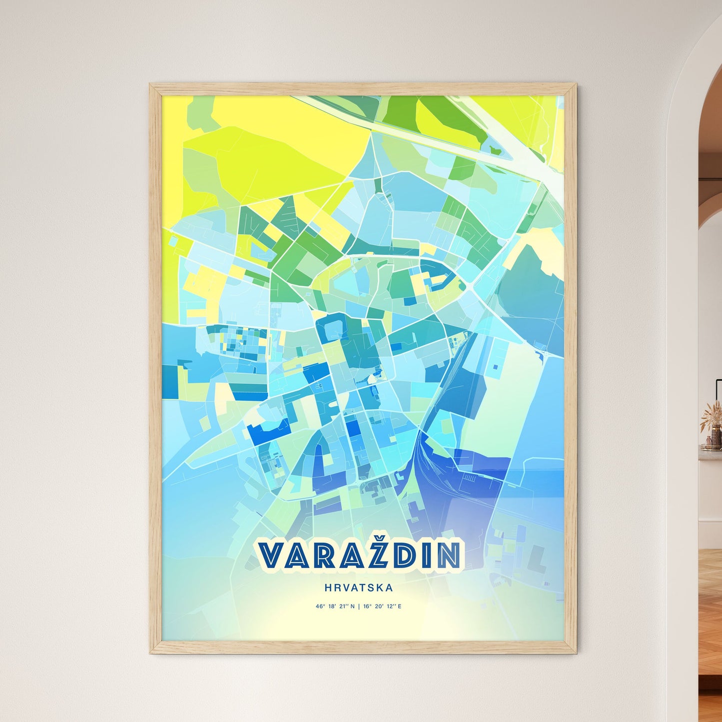 Colorful VARAŽDIN CROATIA Fine Art Map Cool Blue