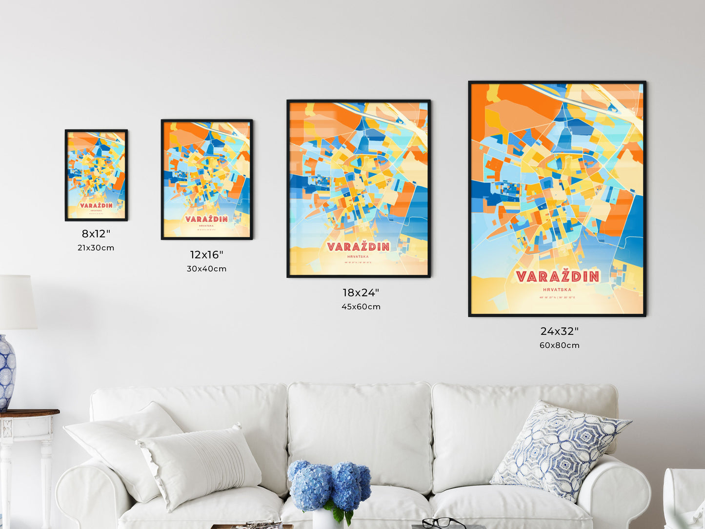 Colorful VARAŽDIN CROATIA Fine Art Map Blue Orange