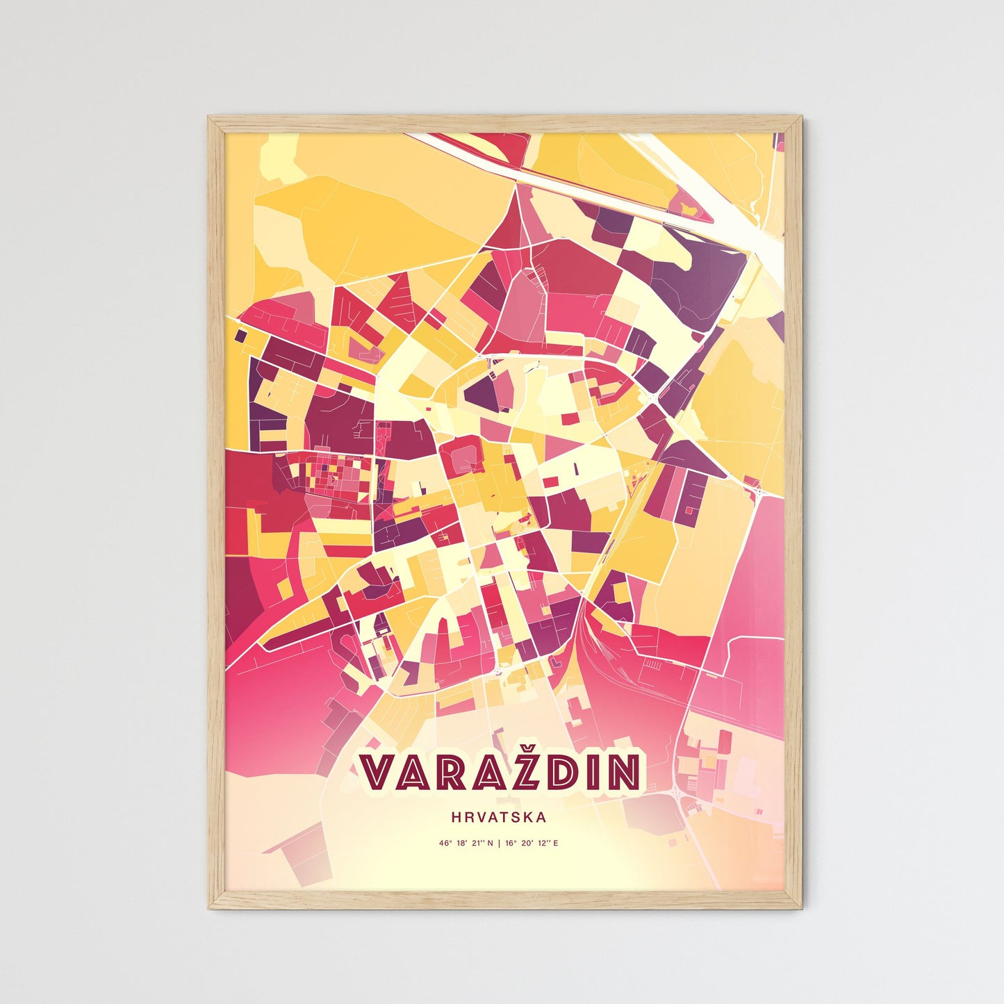 Colorful VARAŽDIN CROATIA Fine Art Map Hot Red