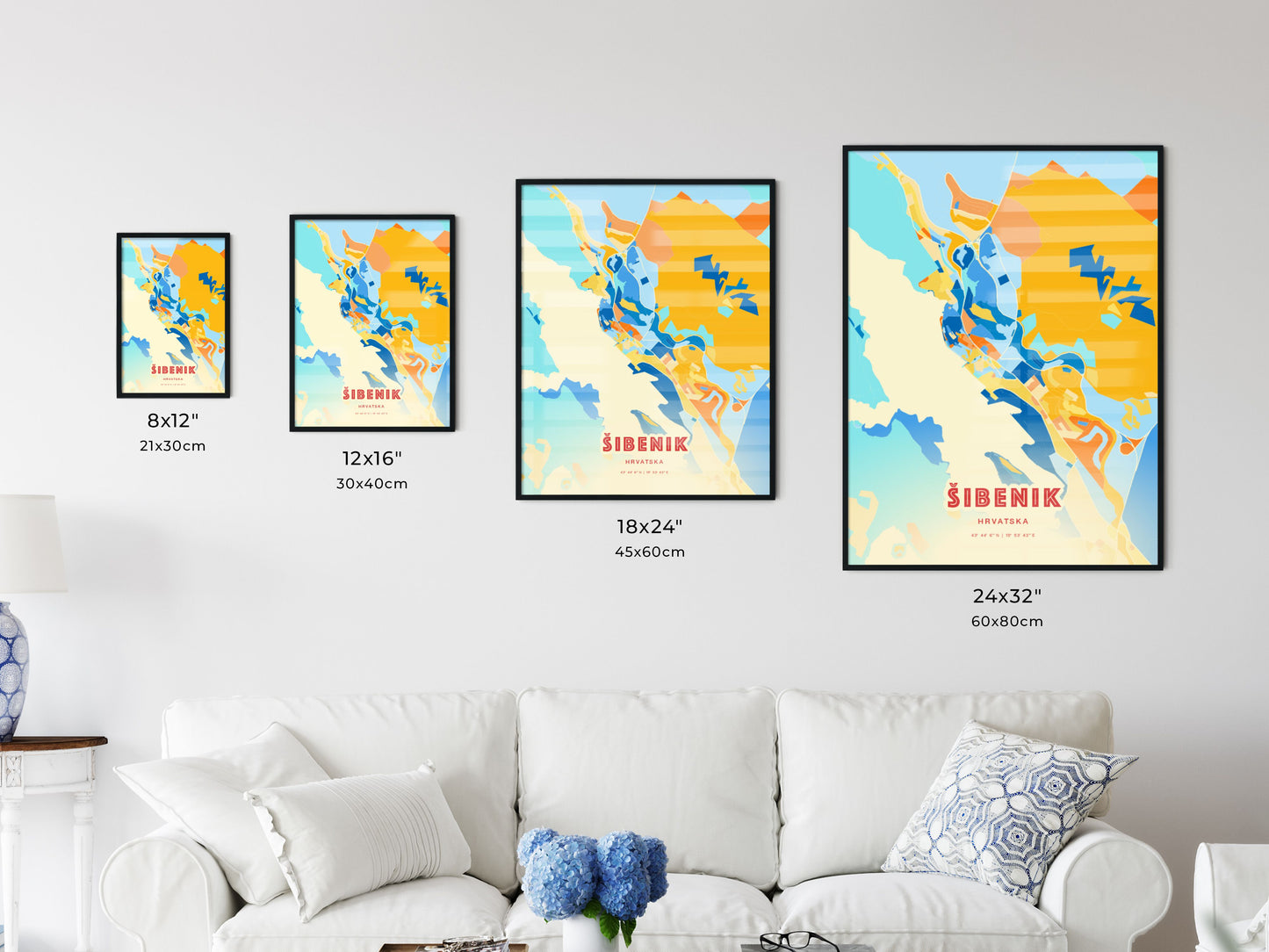 Colorful ŠIBENIK CROATIA Fine Art Map Blue Orange