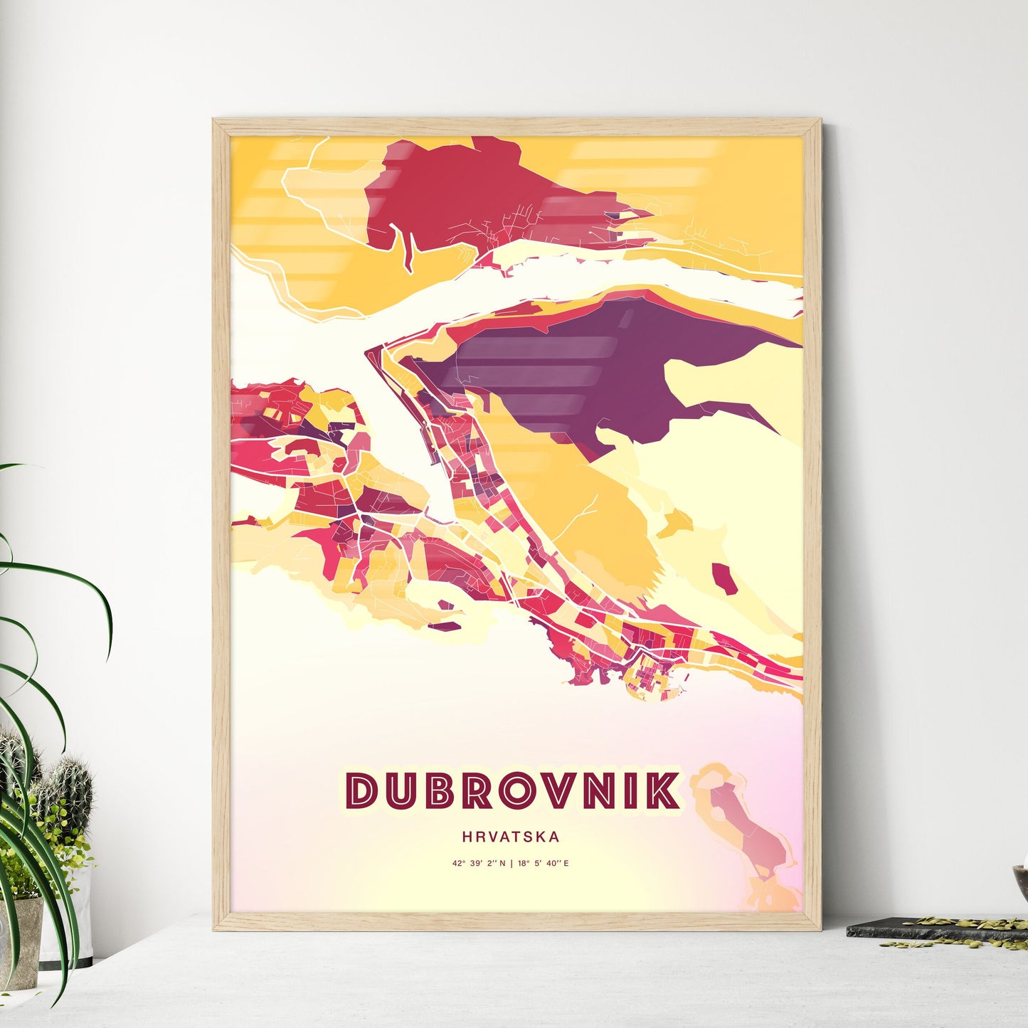 Colorful DUBROVNIK CROATIA Fine Art Map Hot Red