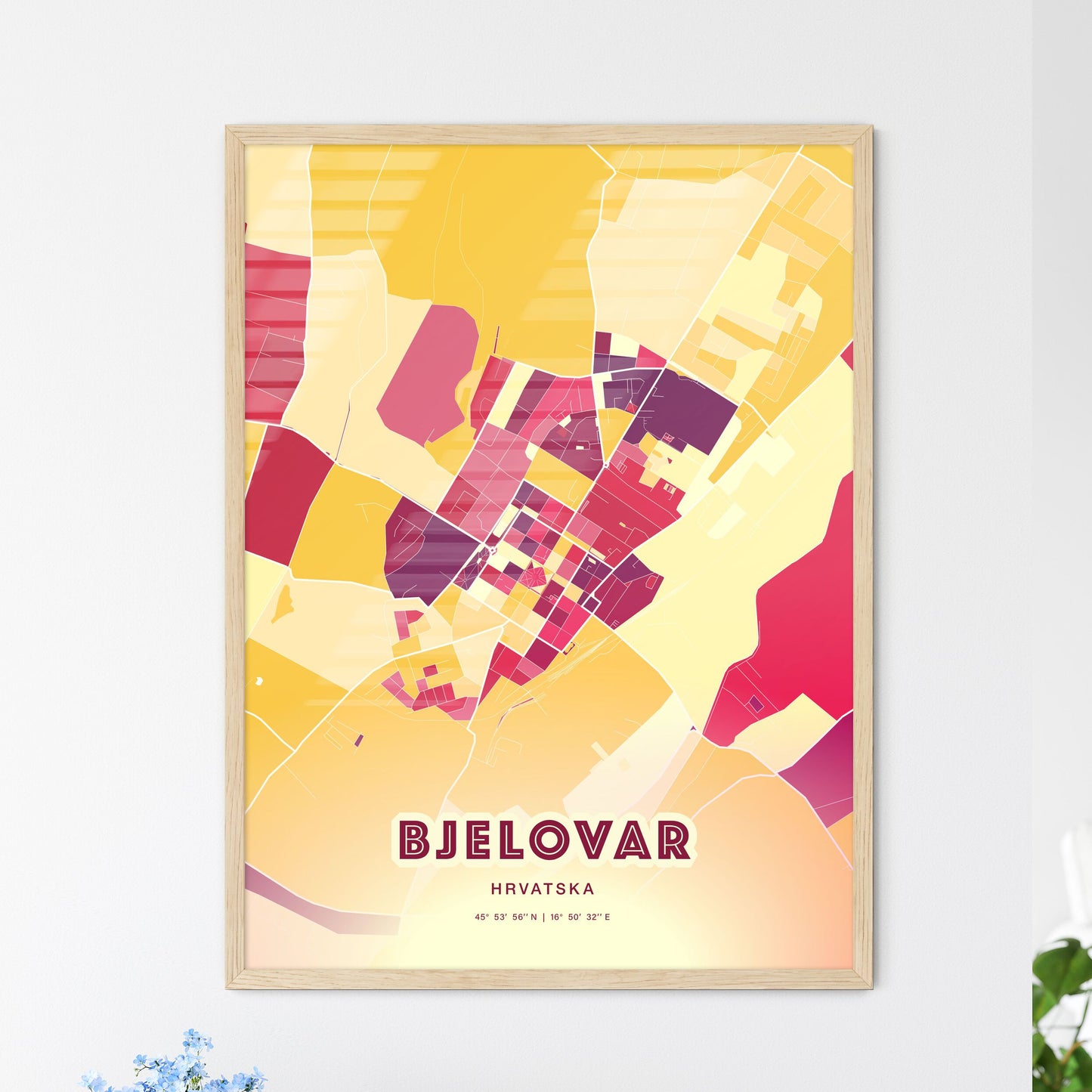 Colorful BJELOVAR CROATIA Fine Art Map Hot Red