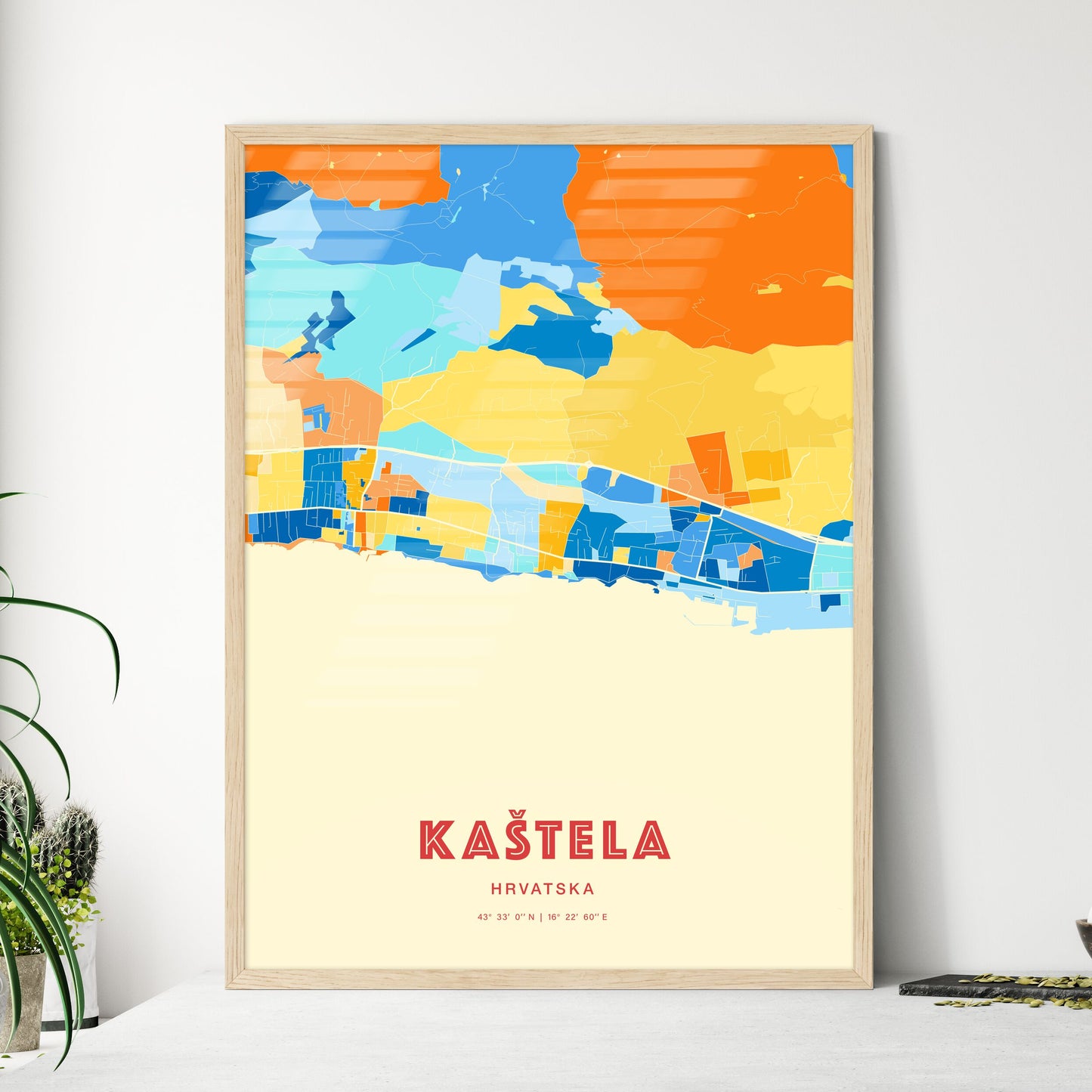 Colorful KAŠTELA CROATIA Fine Art Map Blue Orange