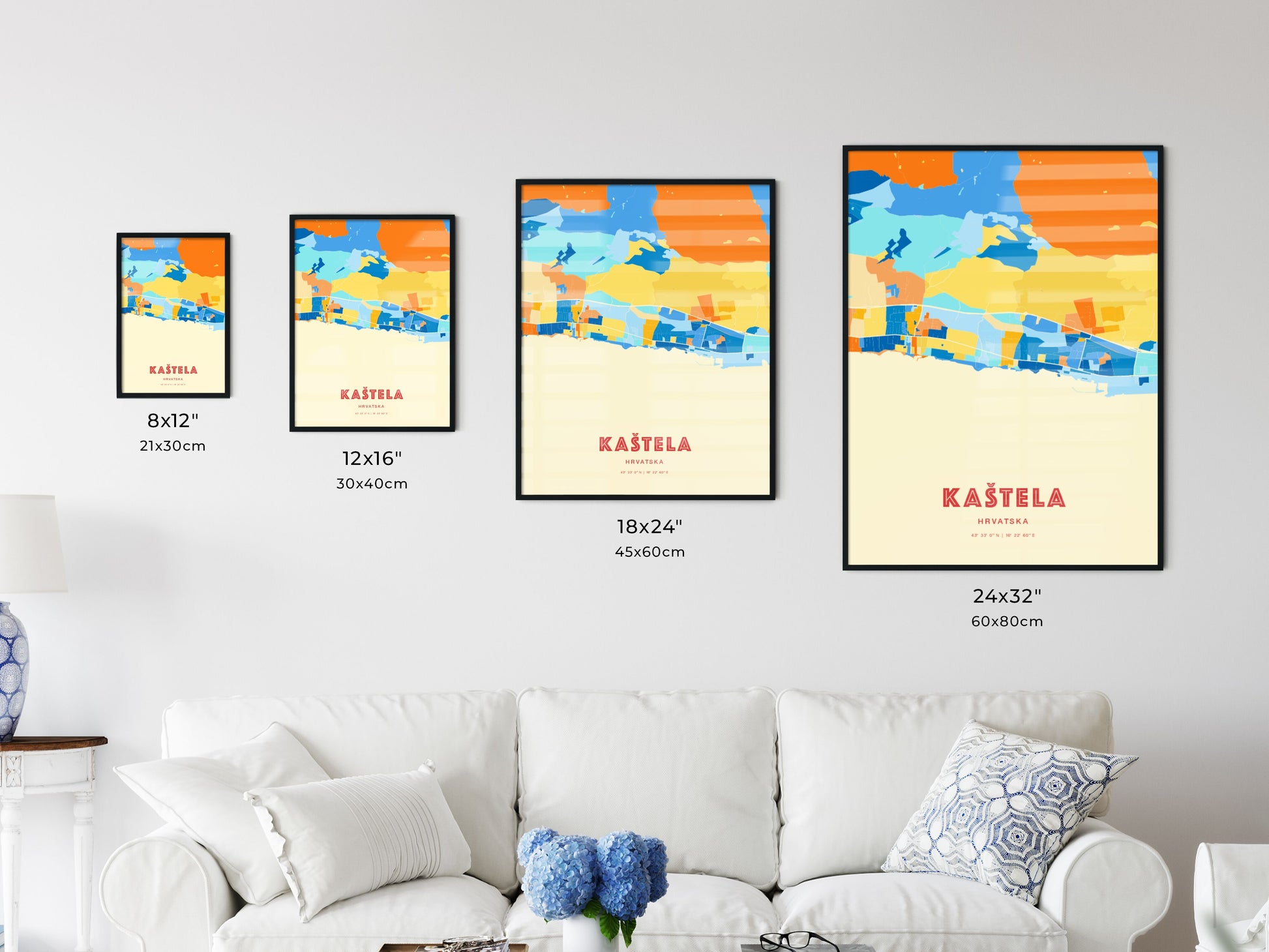 Colorful KAŠTELA CROATIA Fine Art Map Blue Orange