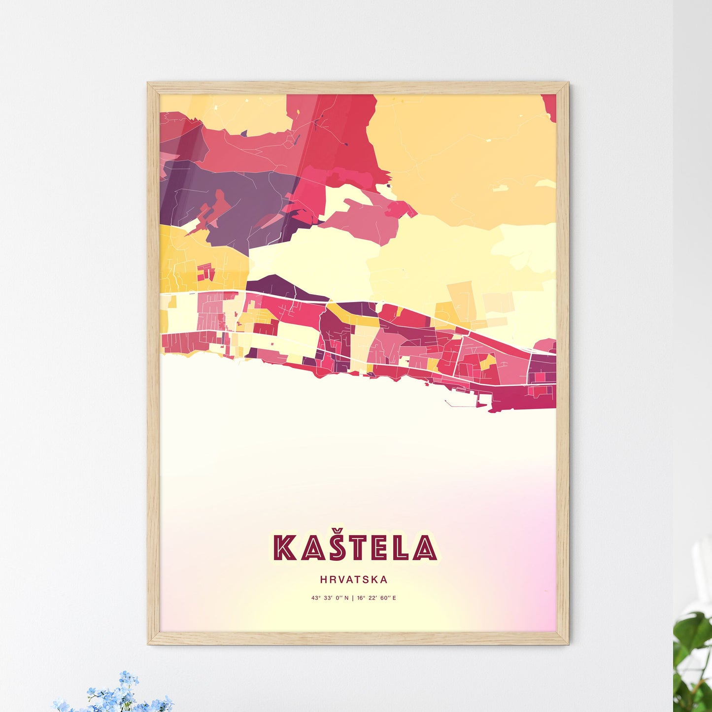 Colorful KAŠTELA CROATIA Fine Art Map Hot Red