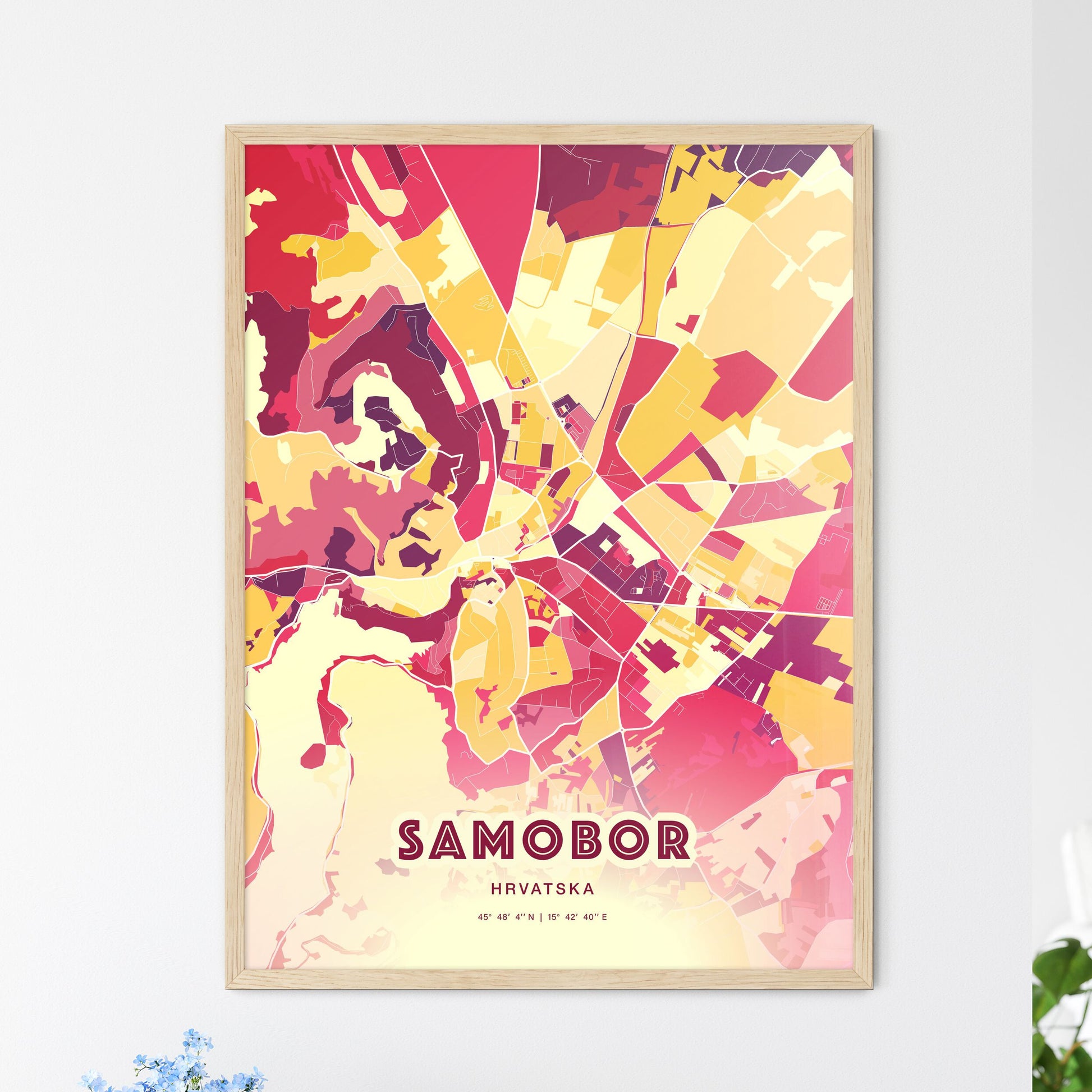 Colorful SAMOBOR CROATIA Fine Art Map Hot Red