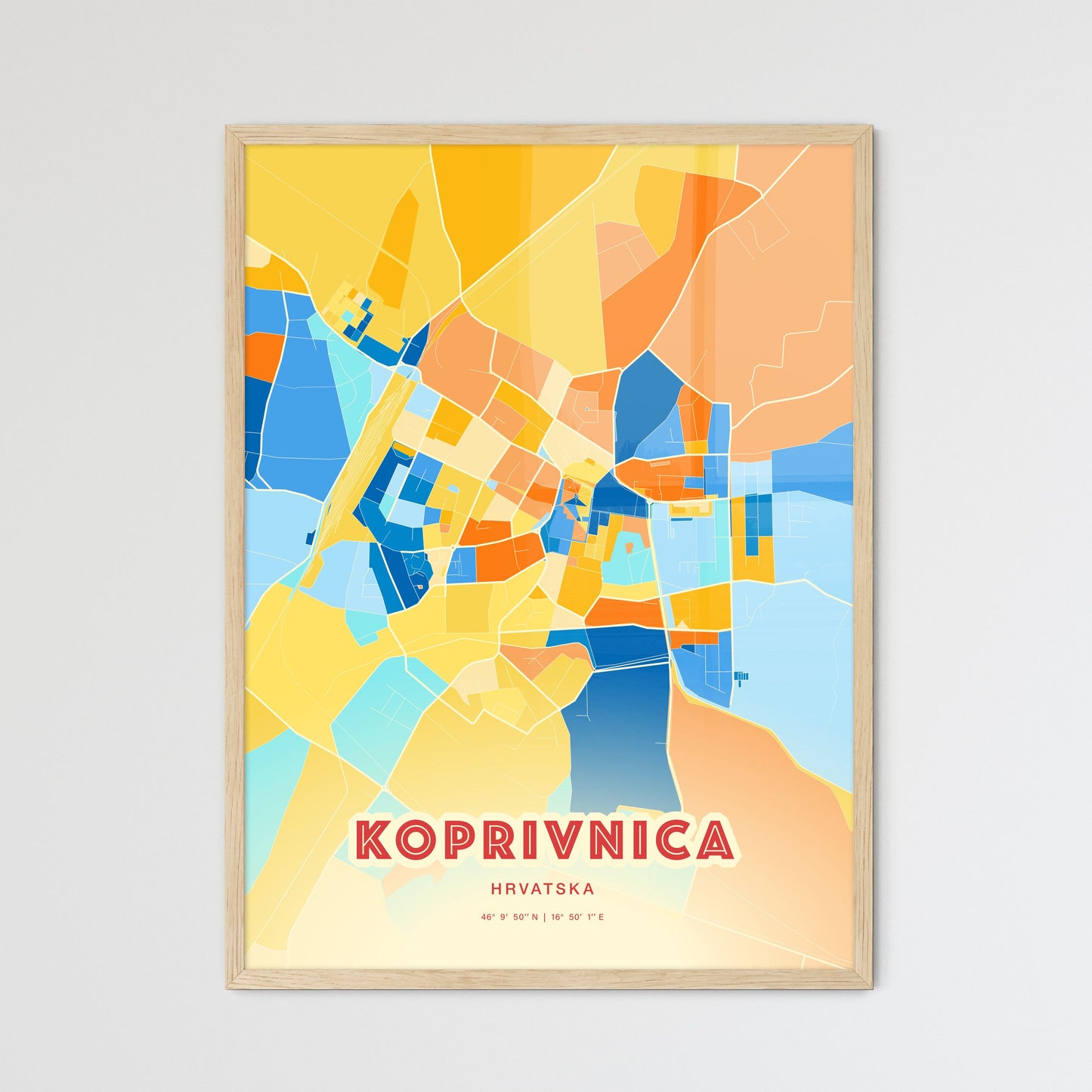 Colorful KOPRIVNICA CROATIA Fine Art Map Blue Orange