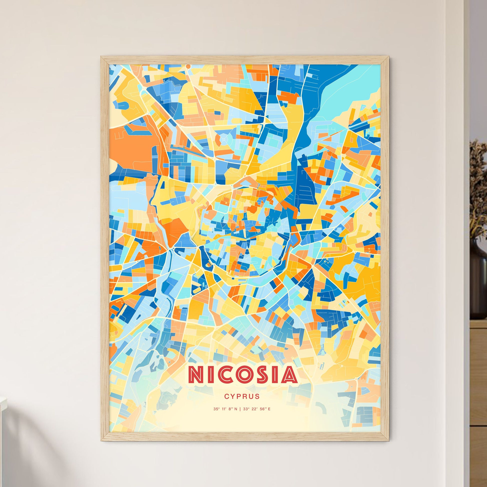 Colorful NICOSIA CYPRUS Fine Art Map Blue Orange