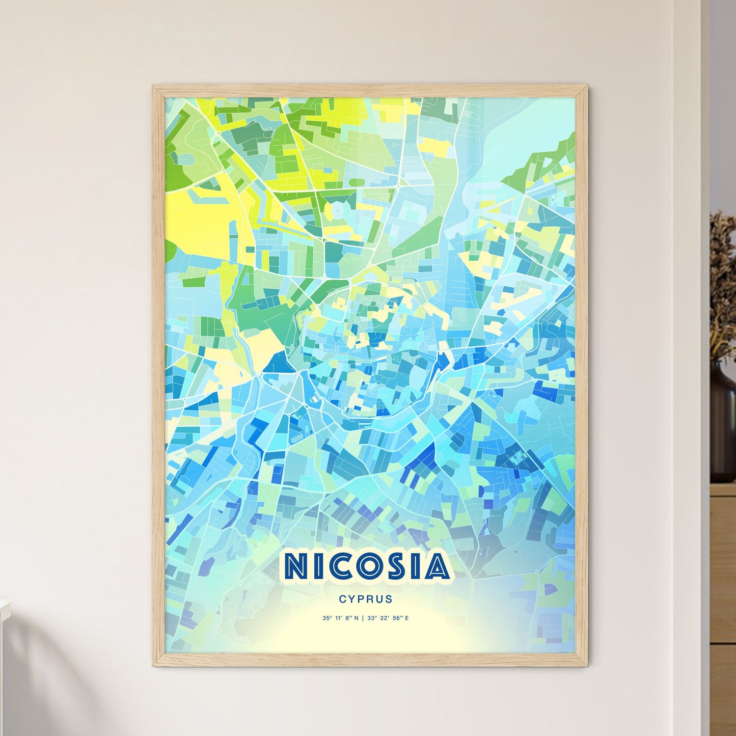 Colorful NICOSIA CYPRUS Fine Art Map Cool Blue