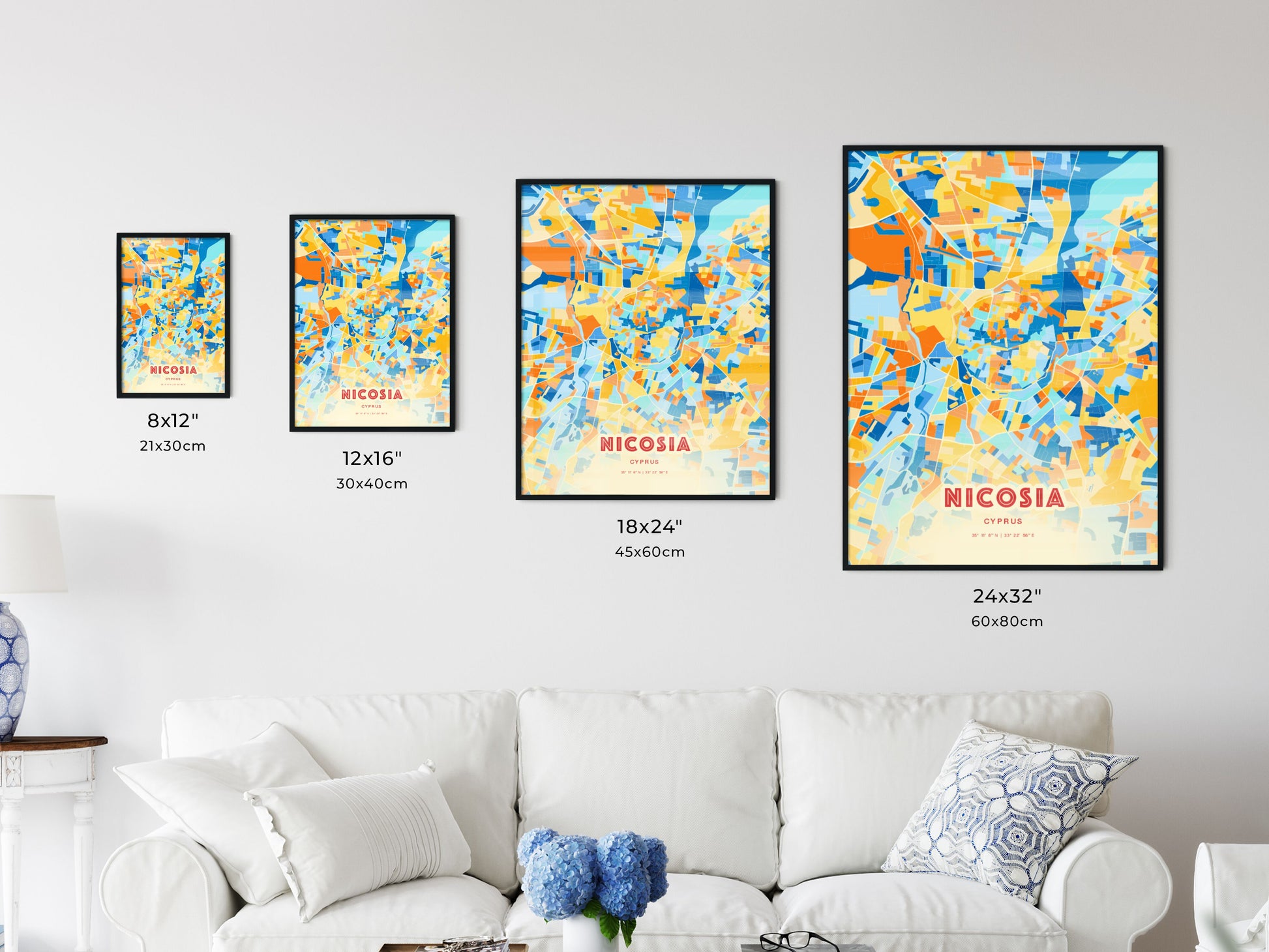 Colorful NICOSIA CYPRUS Fine Art Map Blue Orange