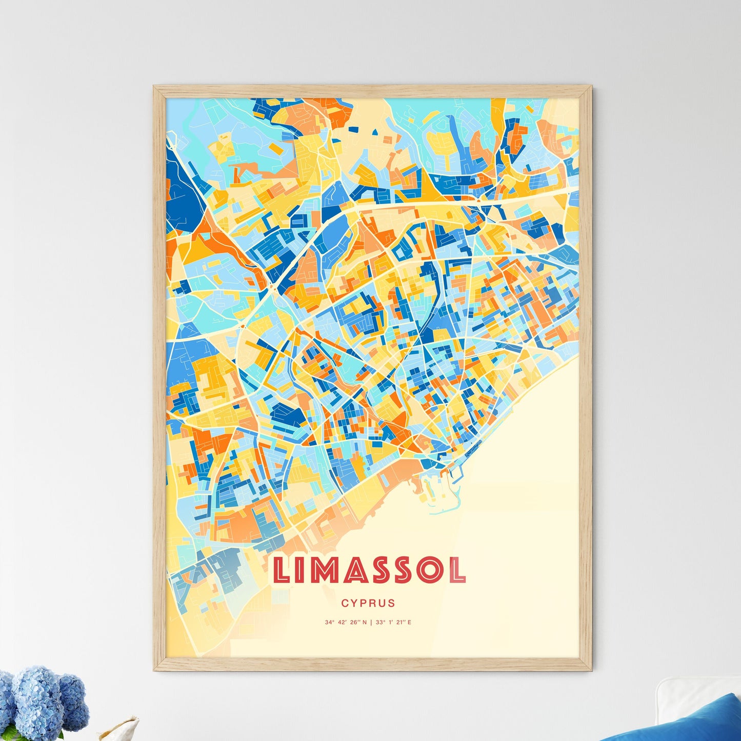 Colorful LIMASSOL CYPRUS Fine Art Map Blue Orange