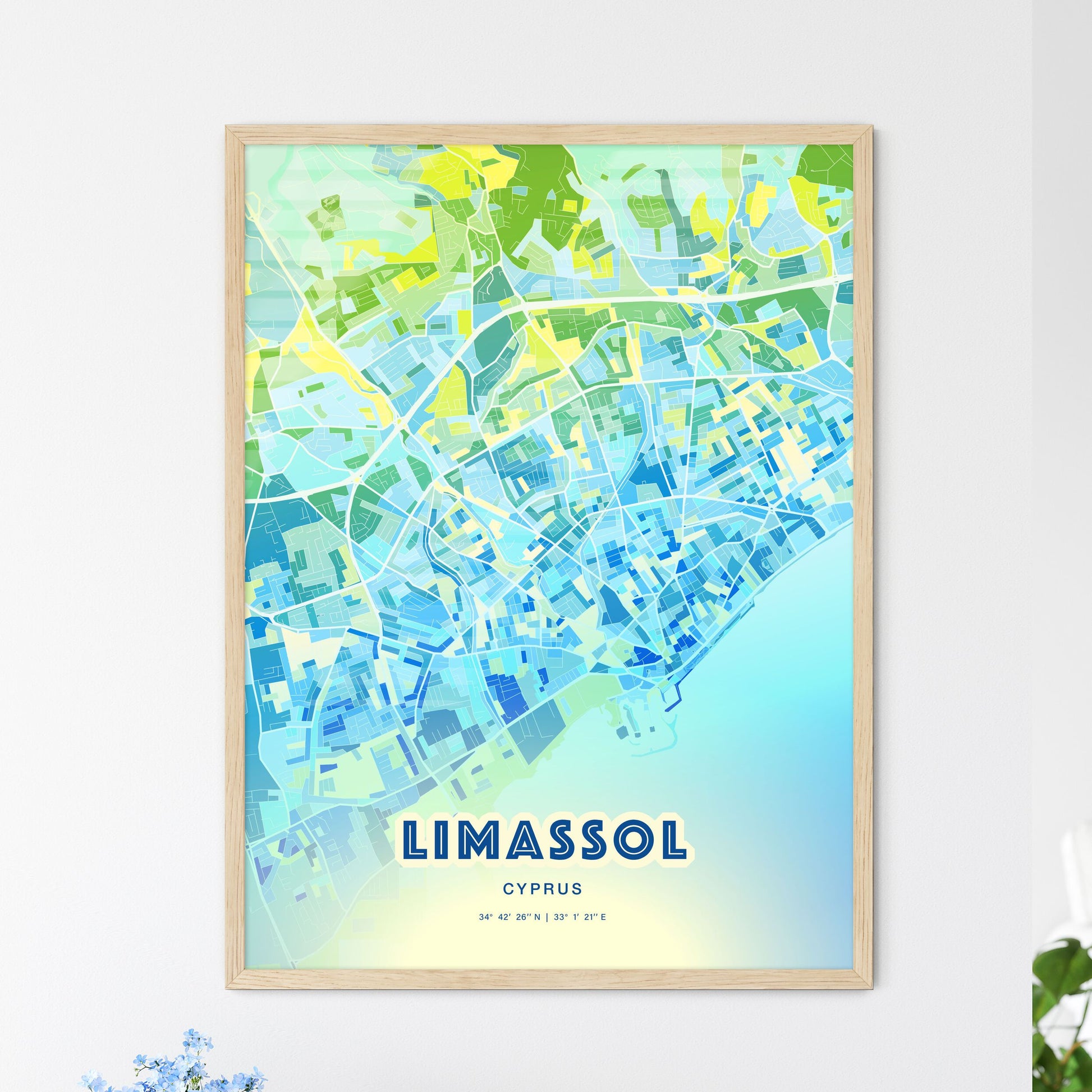 Colorful LIMASSOL CYPRUS Fine Art Map Cool Blue