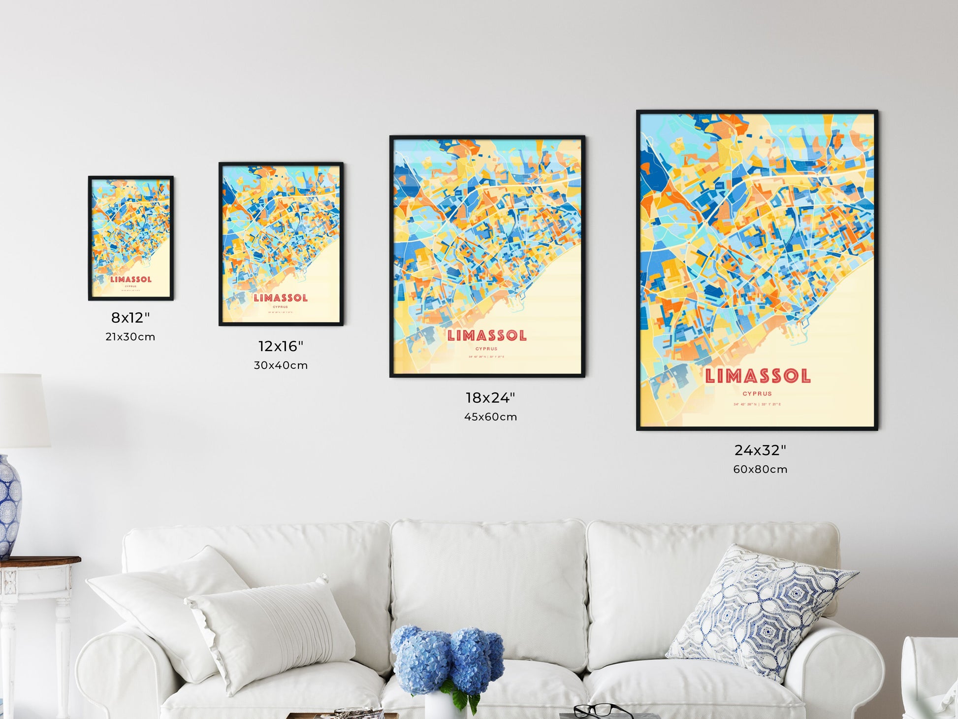 Colorful LIMASSOL CYPRUS Fine Art Map Blue Orange