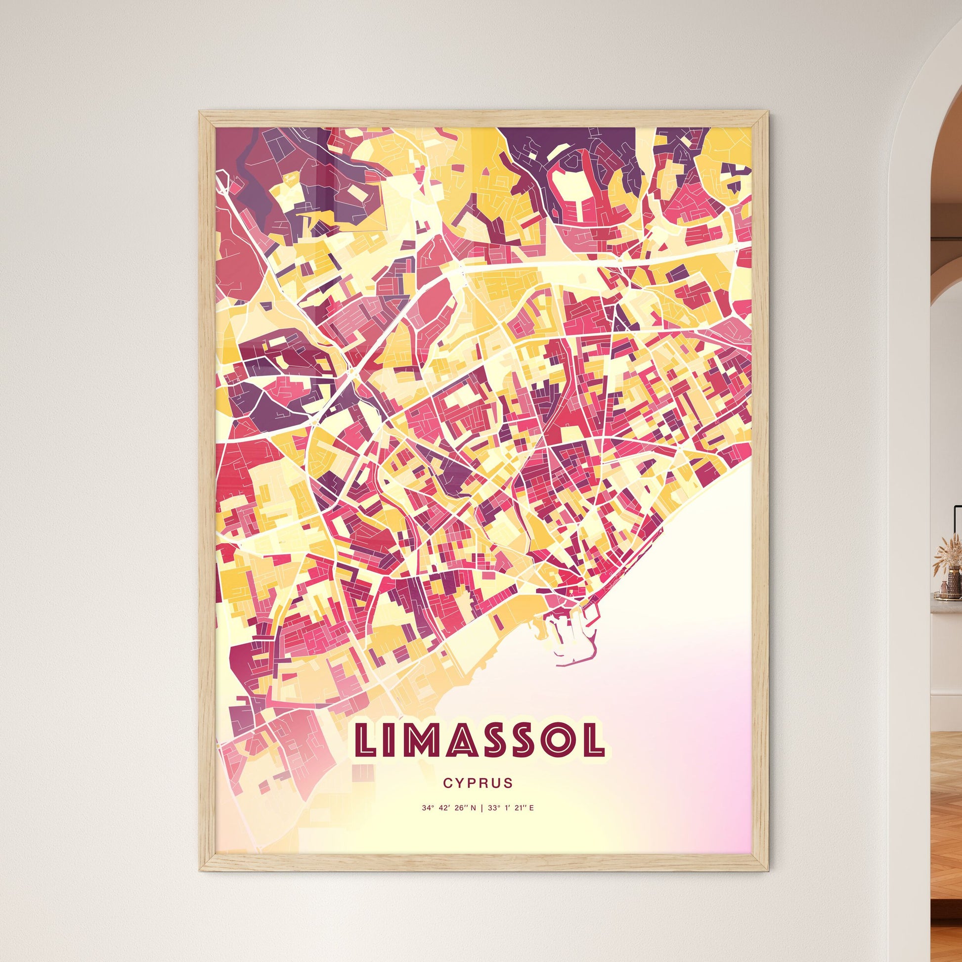 Colorful LIMASSOL CYPRUS Fine Art Map Hot Red