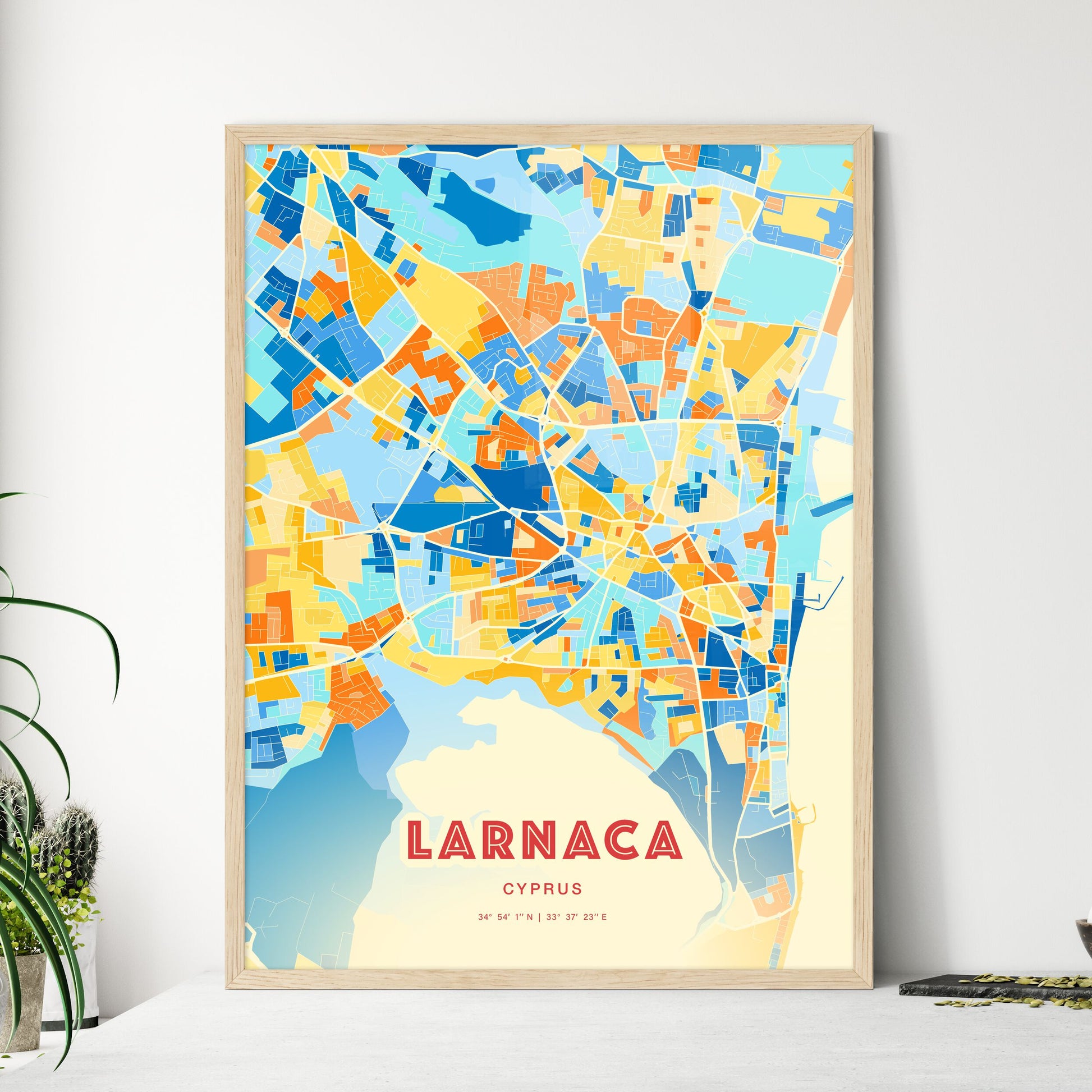 Colorful LARNACA CYPRUS Fine Art Map Blue Orange