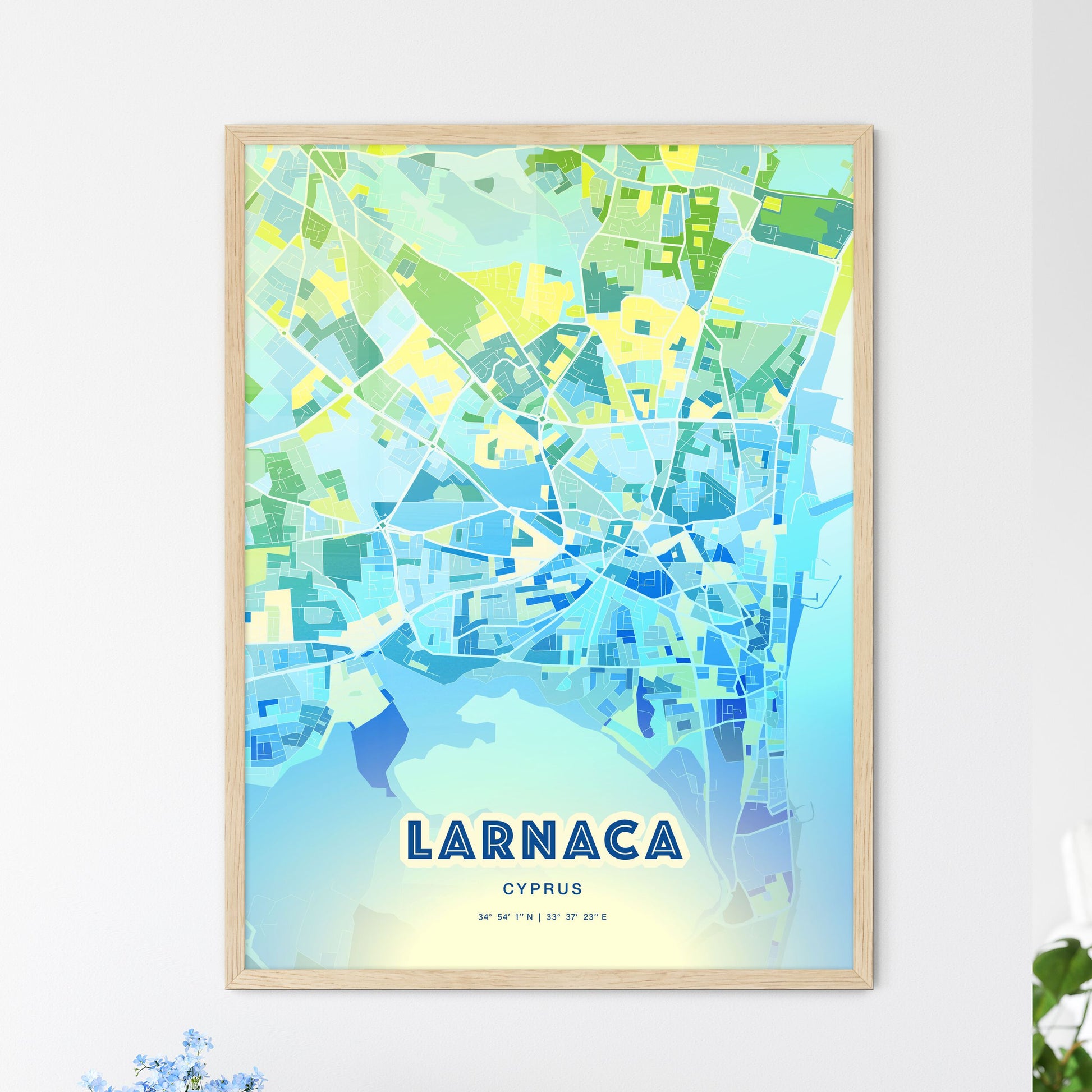 Colorful LARNACA CYPRUS Fine Art Map Cool Blue