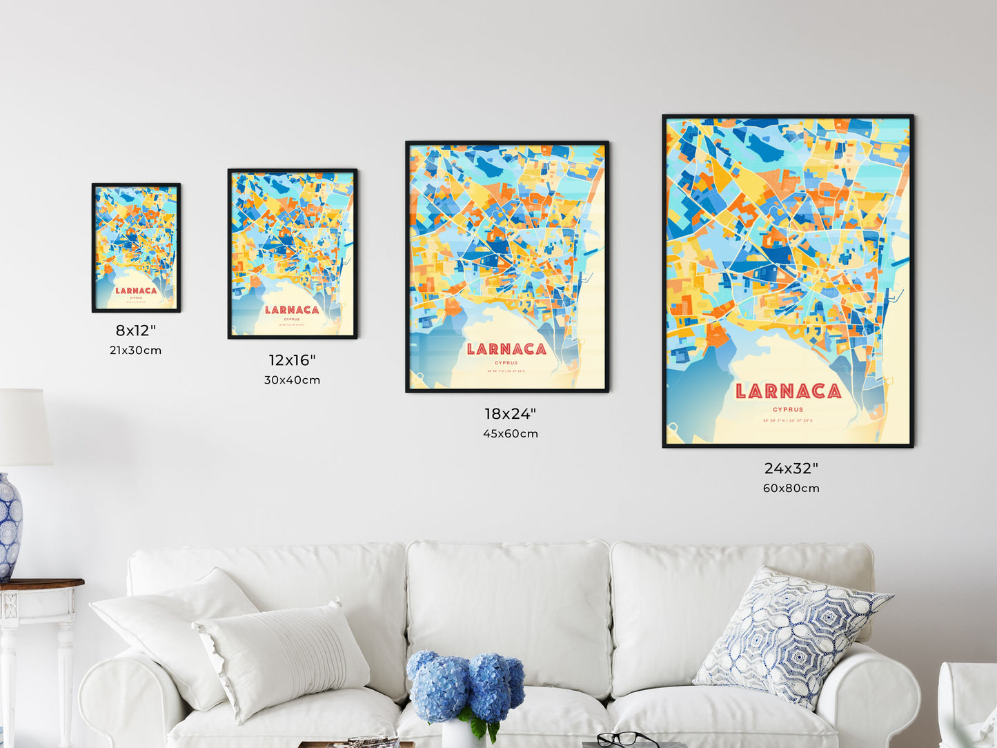 Colorful LARNACA CYPRUS Fine Art Map Blue Orange