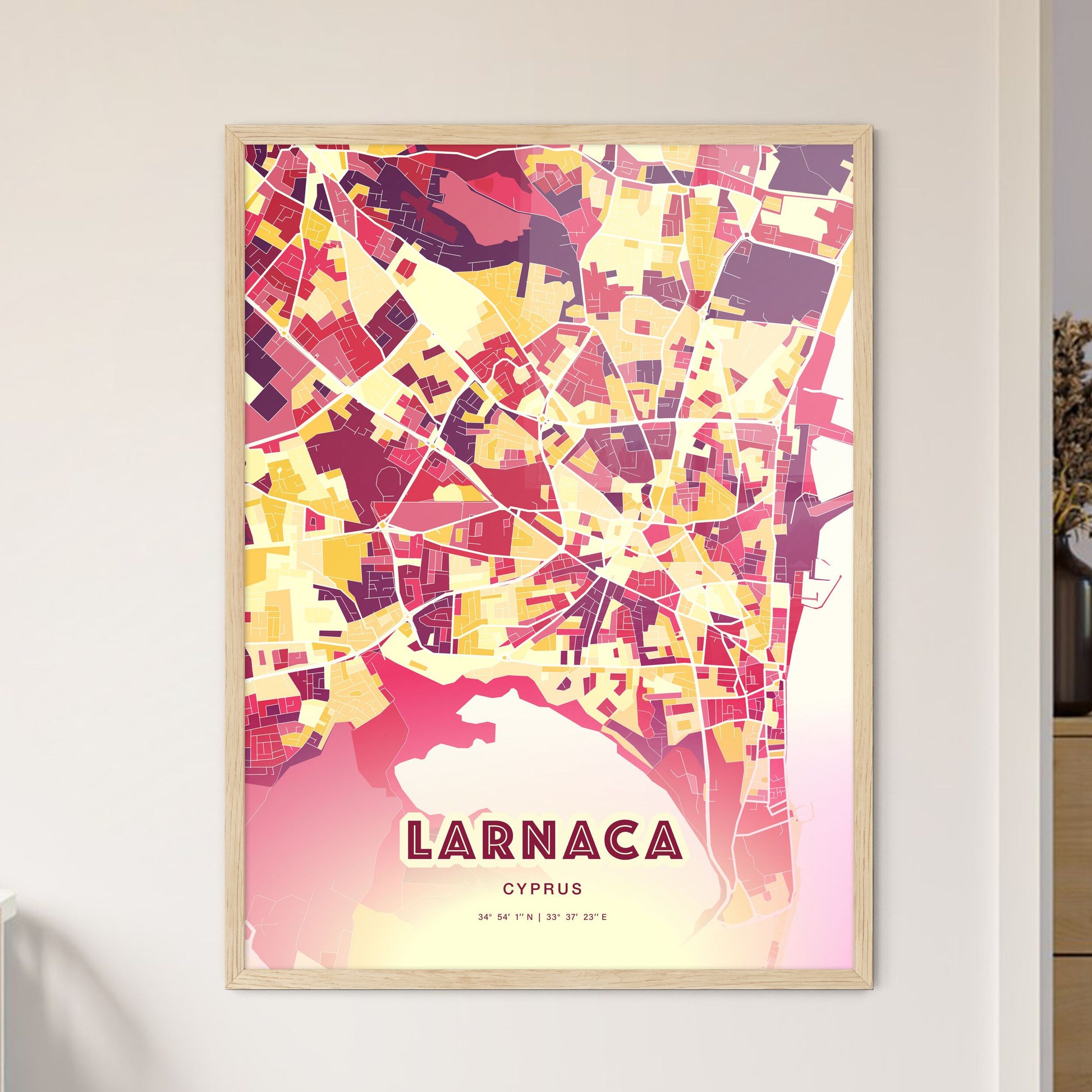 Colorful LARNACA CYPRUS Fine Art Map Hot Red