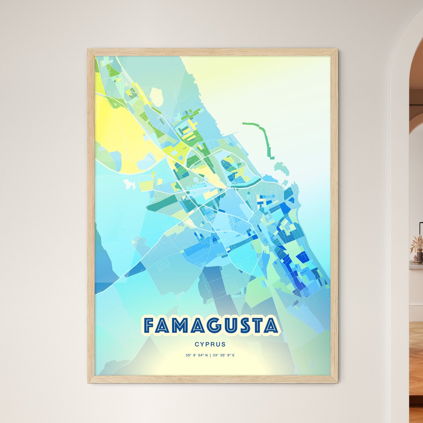 Colorful FAMAGUSTA CYPRUS Fine Art Map Cool Blue