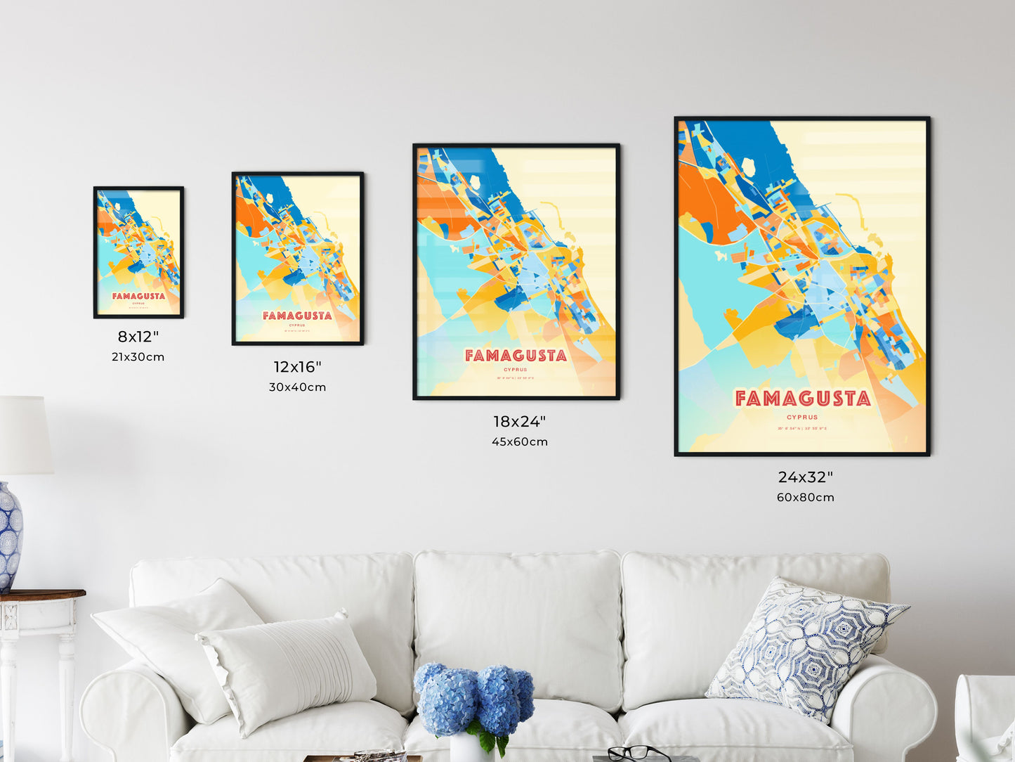 Colorful FAMAGUSTA CYPRUS Fine Art Map Blue Orange