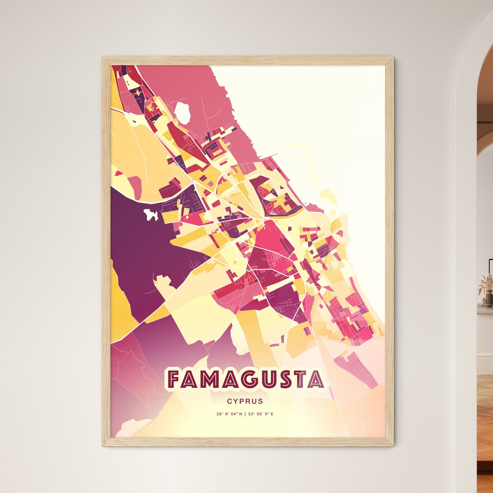 Colorful FAMAGUSTA CYPRUS Fine Art Map Hot Red