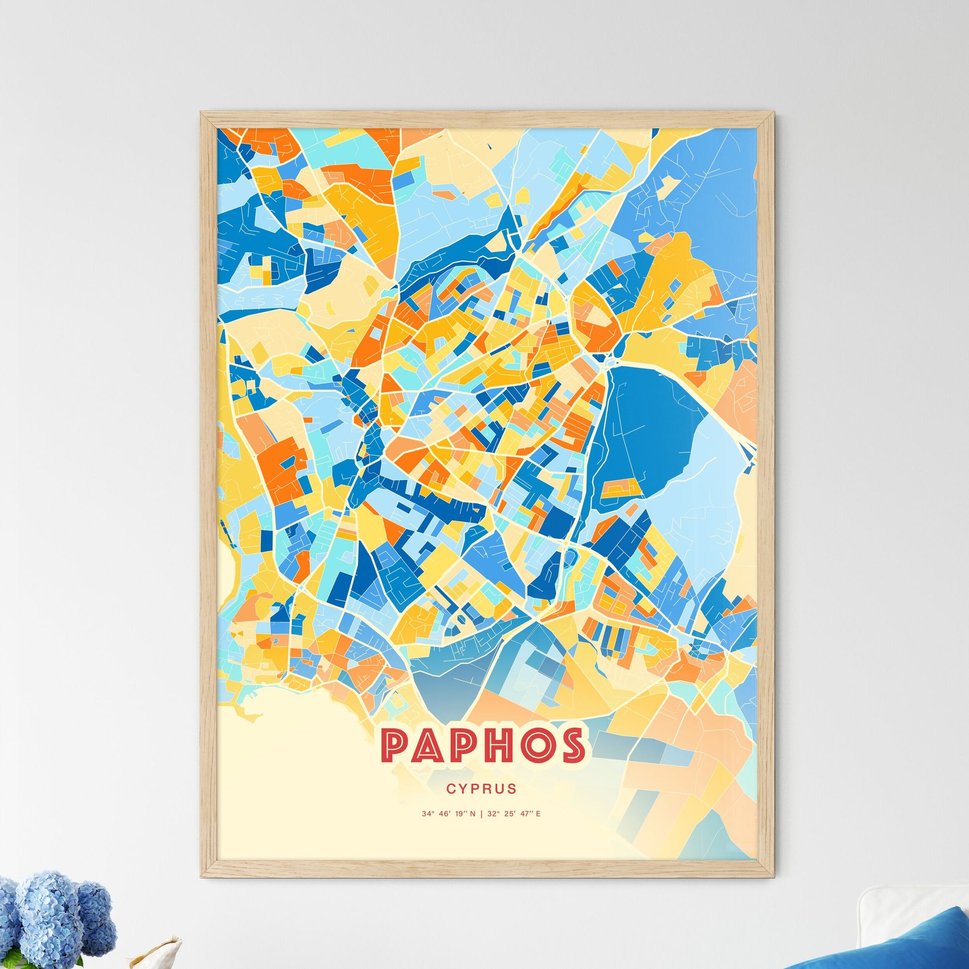 Colorful PAPHOS CYPRUS Fine Art Map Blue Orange