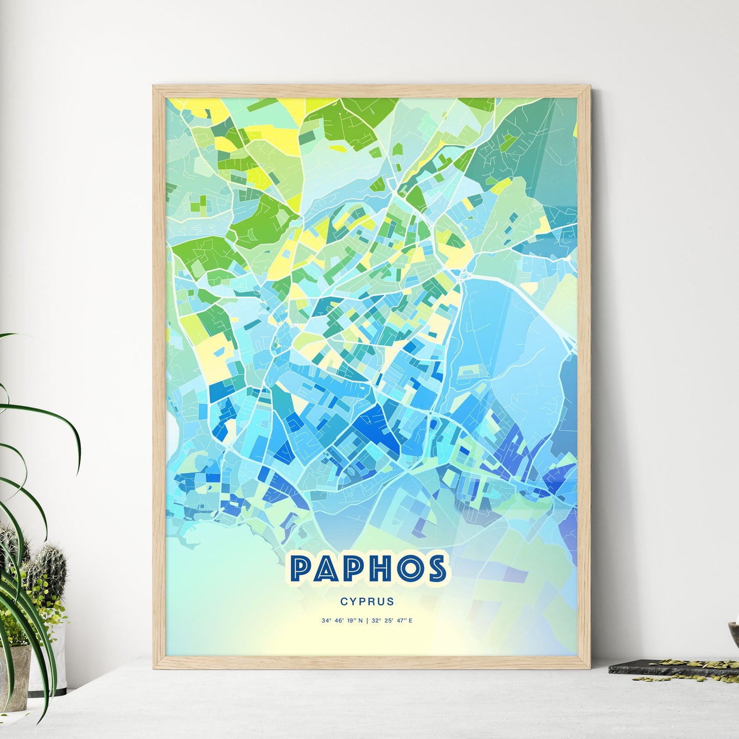 Colorful PAPHOS CYPRUS Fine Art Map Cool Blue