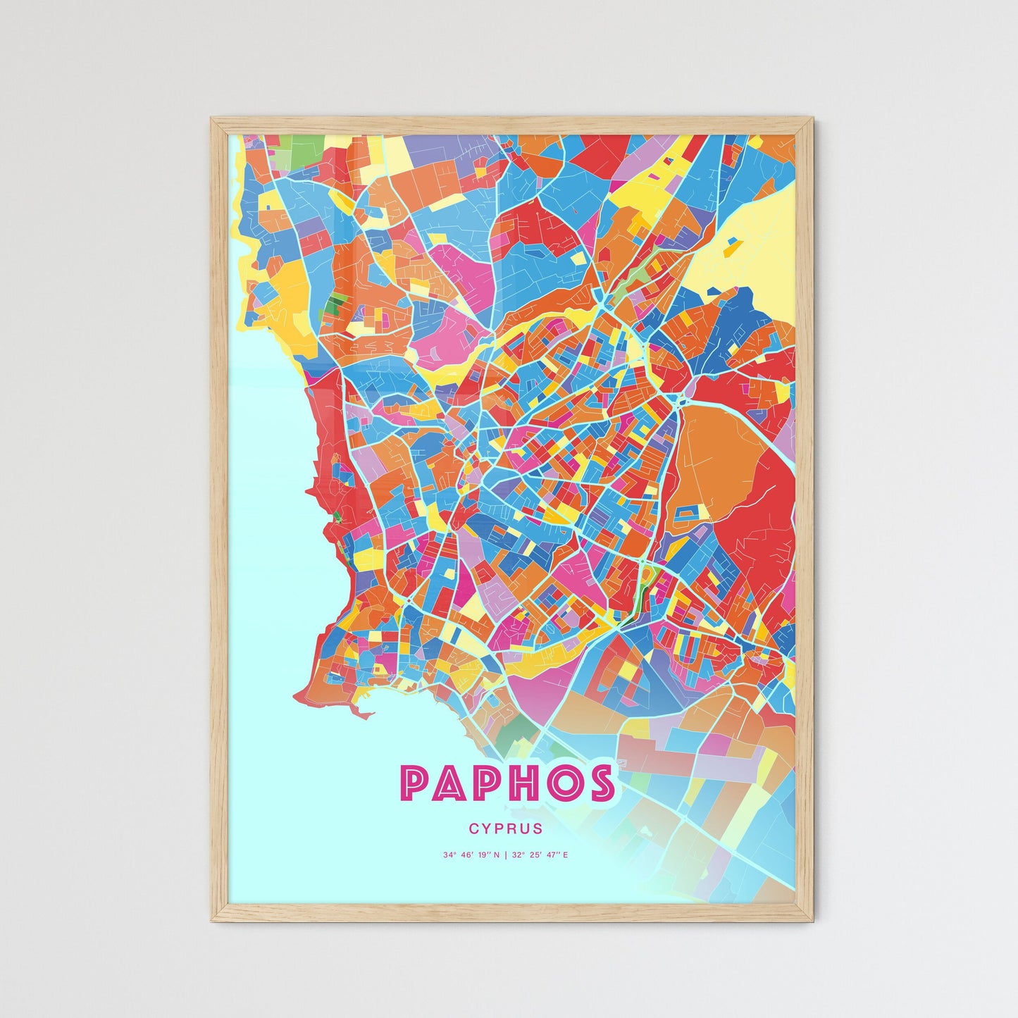 Colorful PAPHOS CYPRUS Fine Art Map Crazy Colors