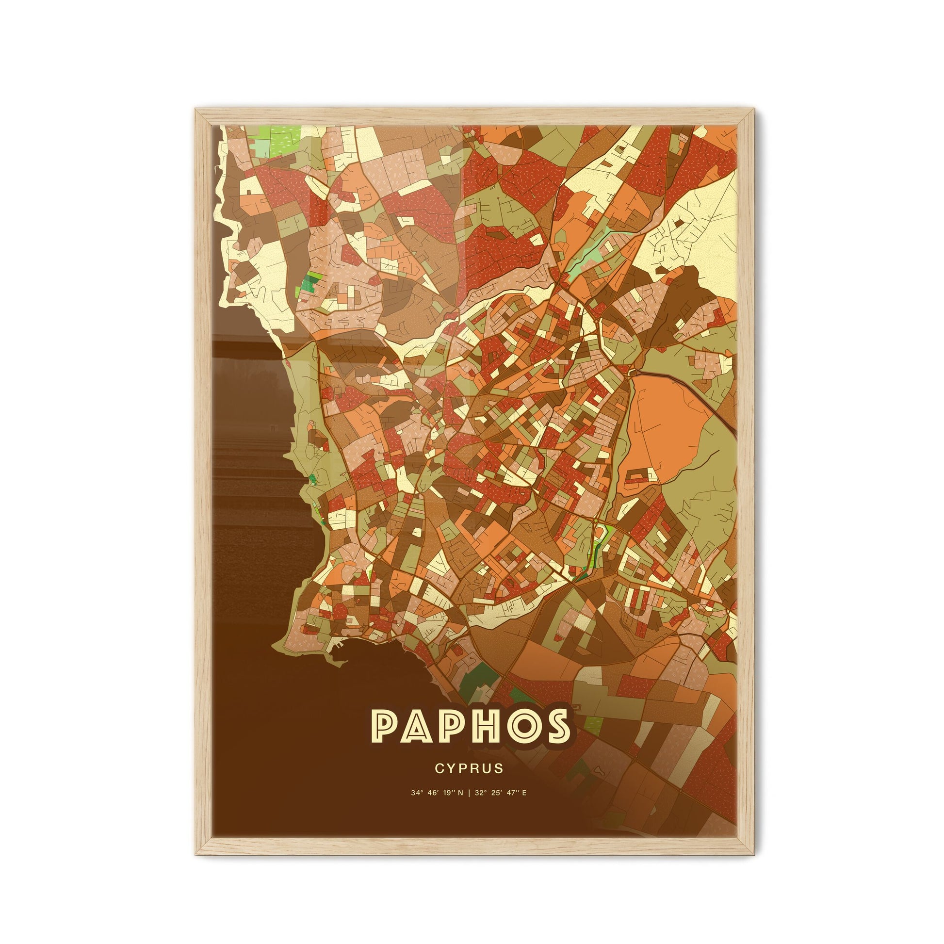 Colorful PAPHOS CYPRUS Fine Art Map Farmhouse