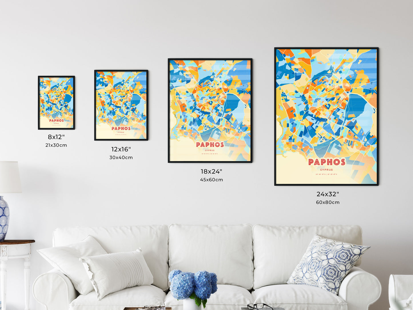 Colorful PAPHOS CYPRUS Fine Art Map Blue Orange