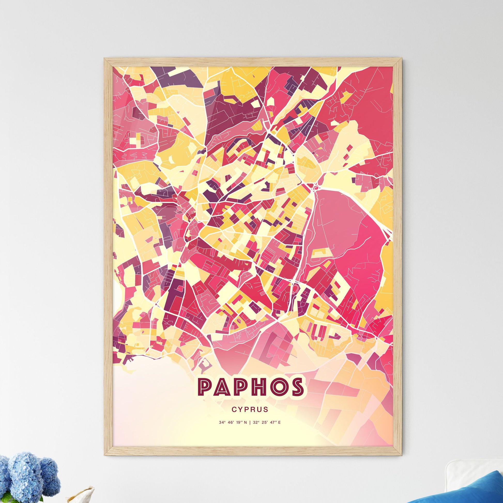 Colorful PAPHOS CYPRUS Fine Art Map Hot Red