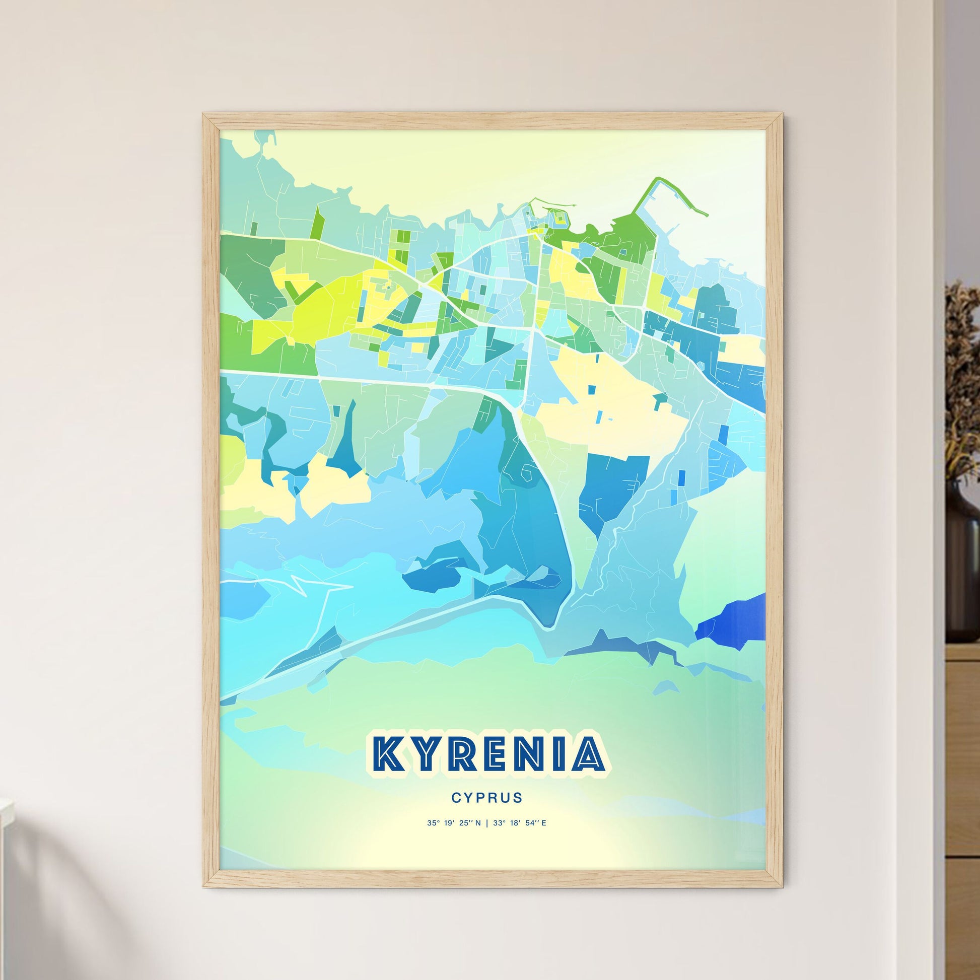 Colorful KYRENIA CYPRUS Fine Art Map Cool Blue