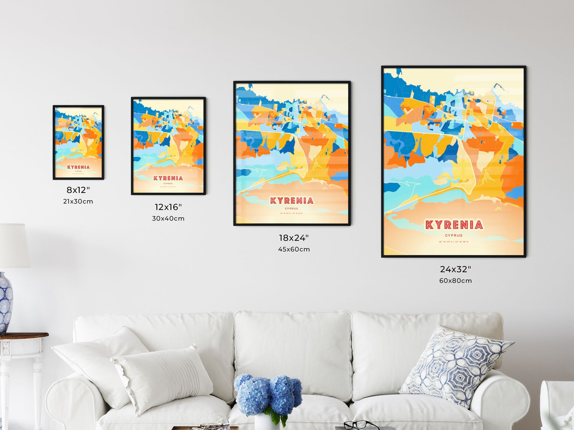 Colorful KYRENIA CYPRUS Fine Art Map Blue Orange