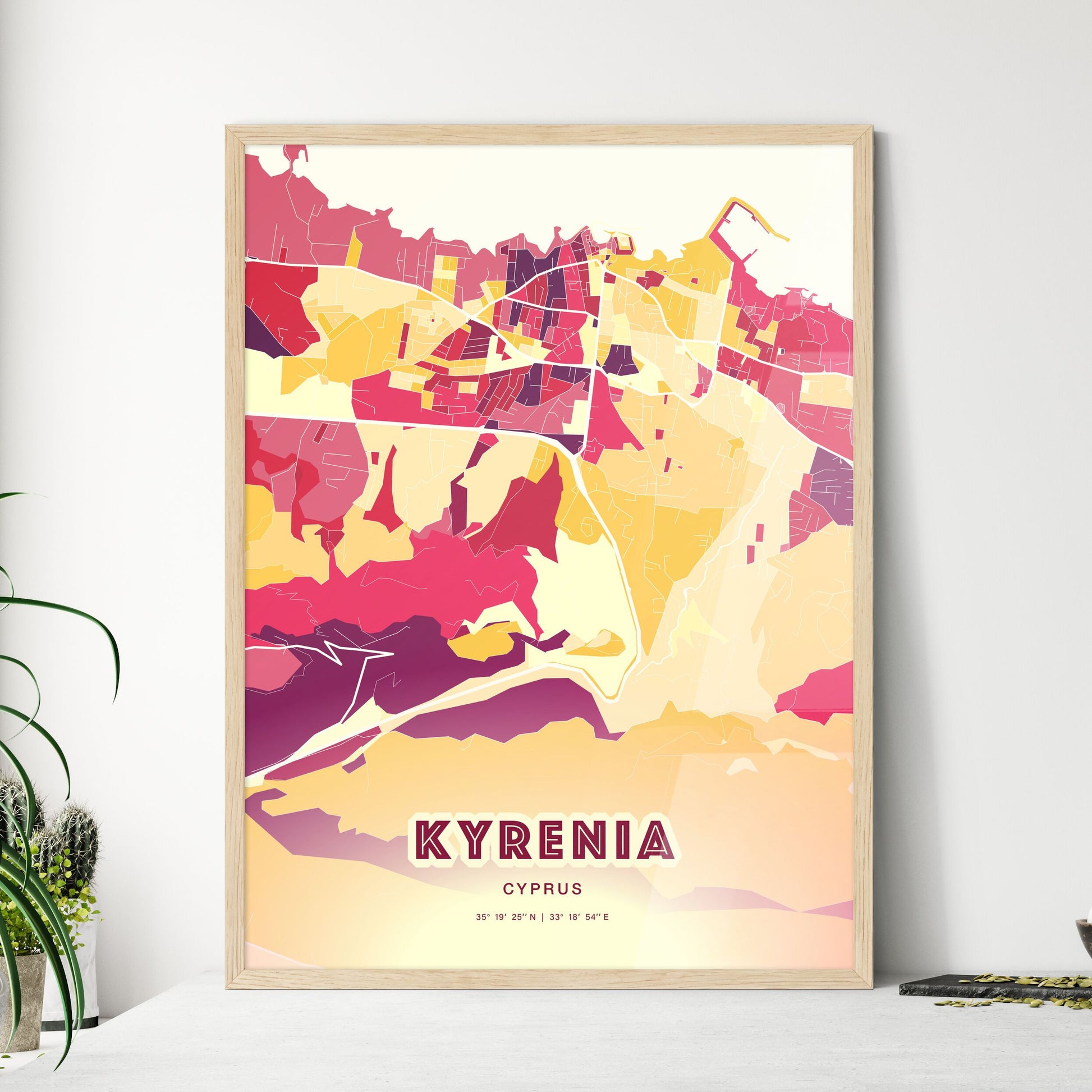 Colorful KYRENIA CYPRUS Fine Art Map Hot Red