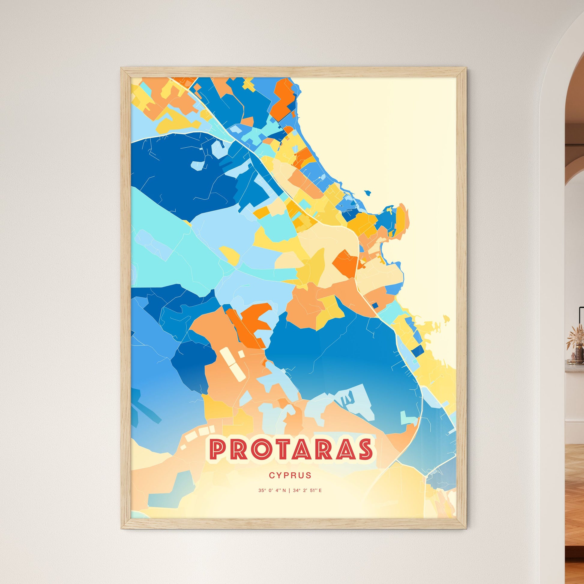 Colorful PROTARAS CYPRUS Fine Art Map Blue Orange