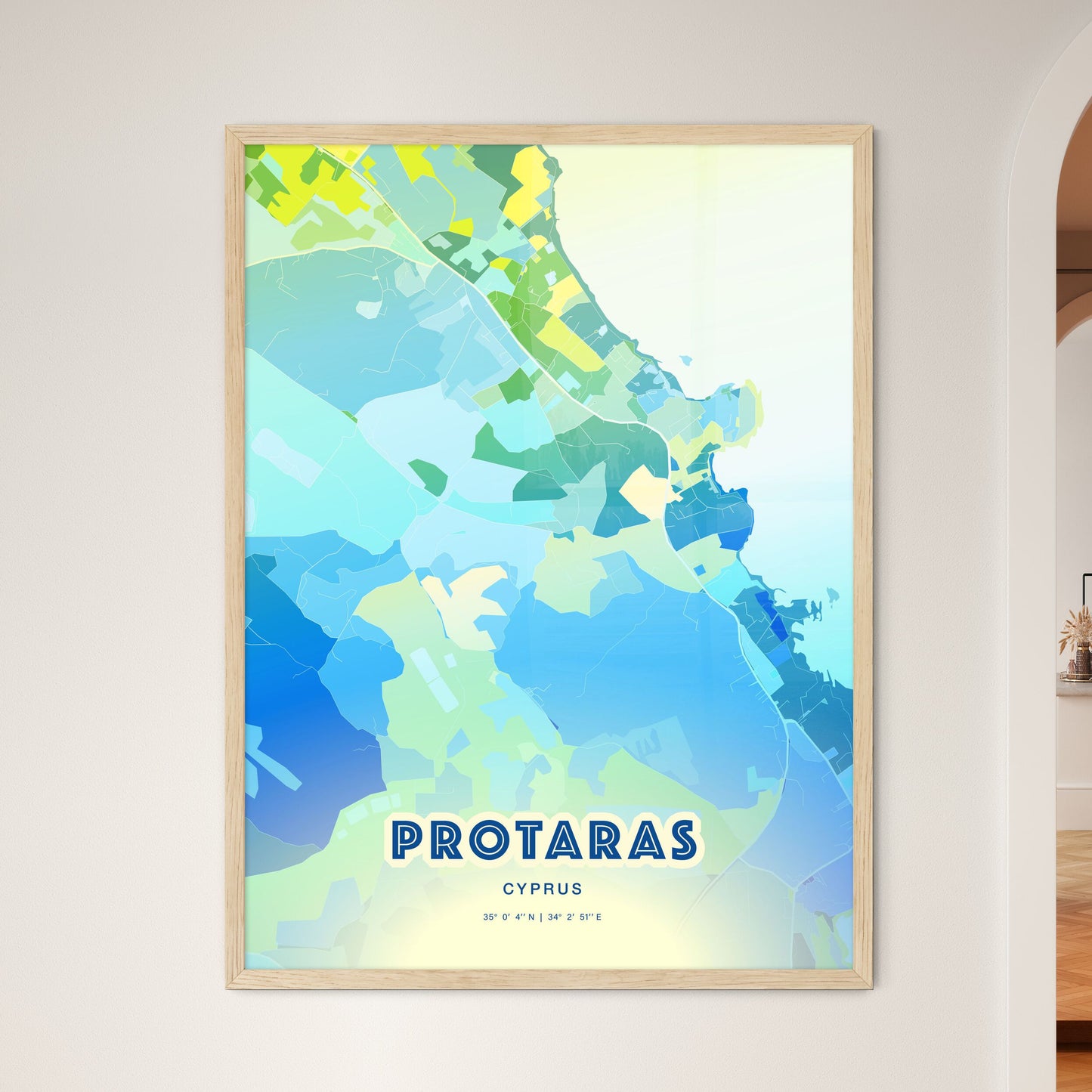 Colorful PROTARAS CYPRUS Fine Art Map Cool Blue